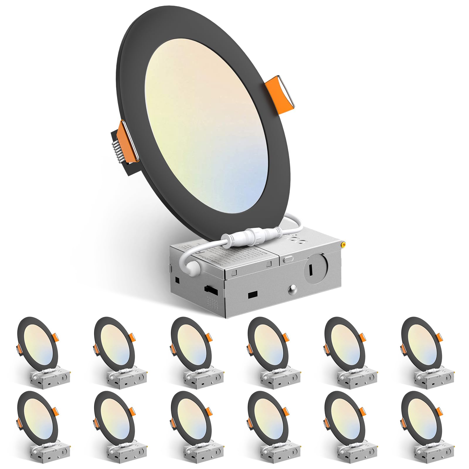 Amico 12 Pack 6 Inch 5Cct Ultra-Thin Led Recessed Ceiling Light With J-Box, 2700K/3000K/3500K/4000K/5000K Selectable, 12W Eqv 11