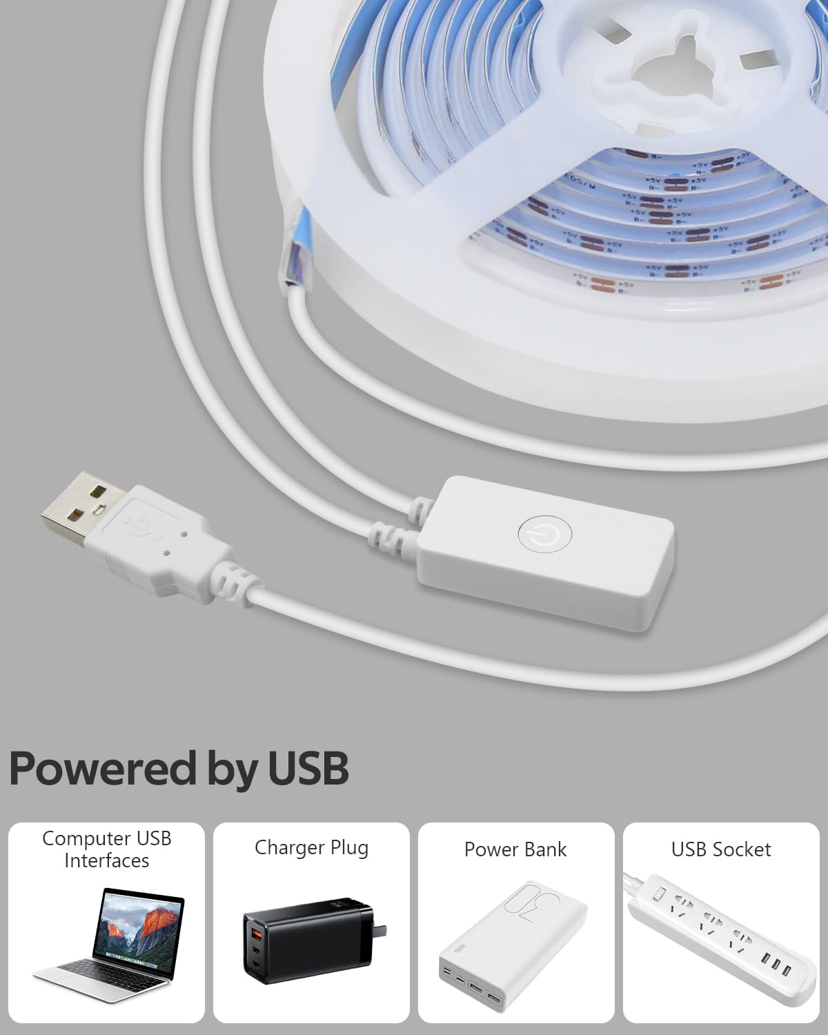 Aclorol RGB COB LED Strip Light, Multicolor, 6.56FT, Dimmable, USB-Powered, Flexible, Remote App Control, Model 91996b64-2382-
