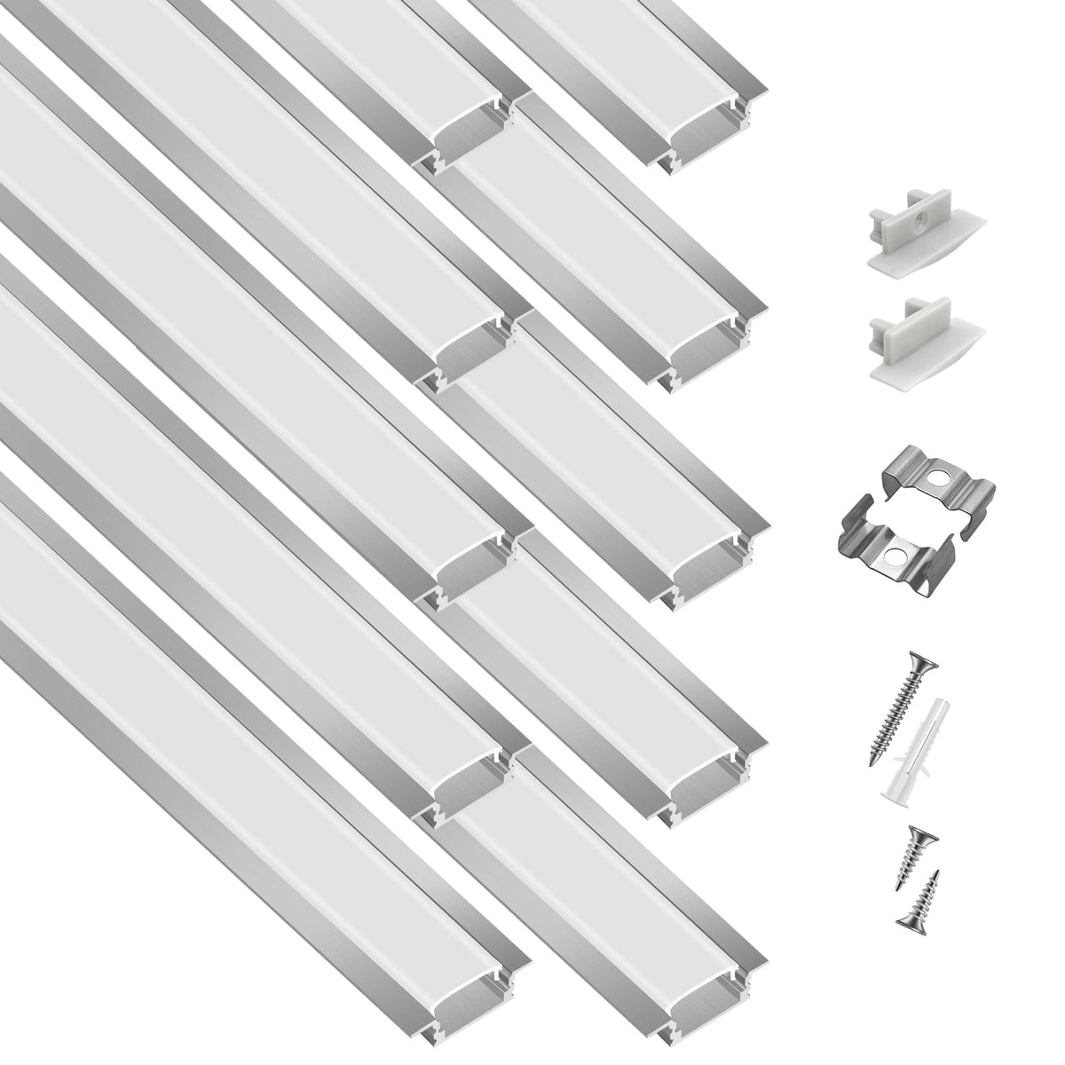 10-Pack 6.6ft/2Meter Silver Recessed LED Aluminum Channel for LED Strip Lights Diffuser Channel with Milky Cover End Caps and Mo