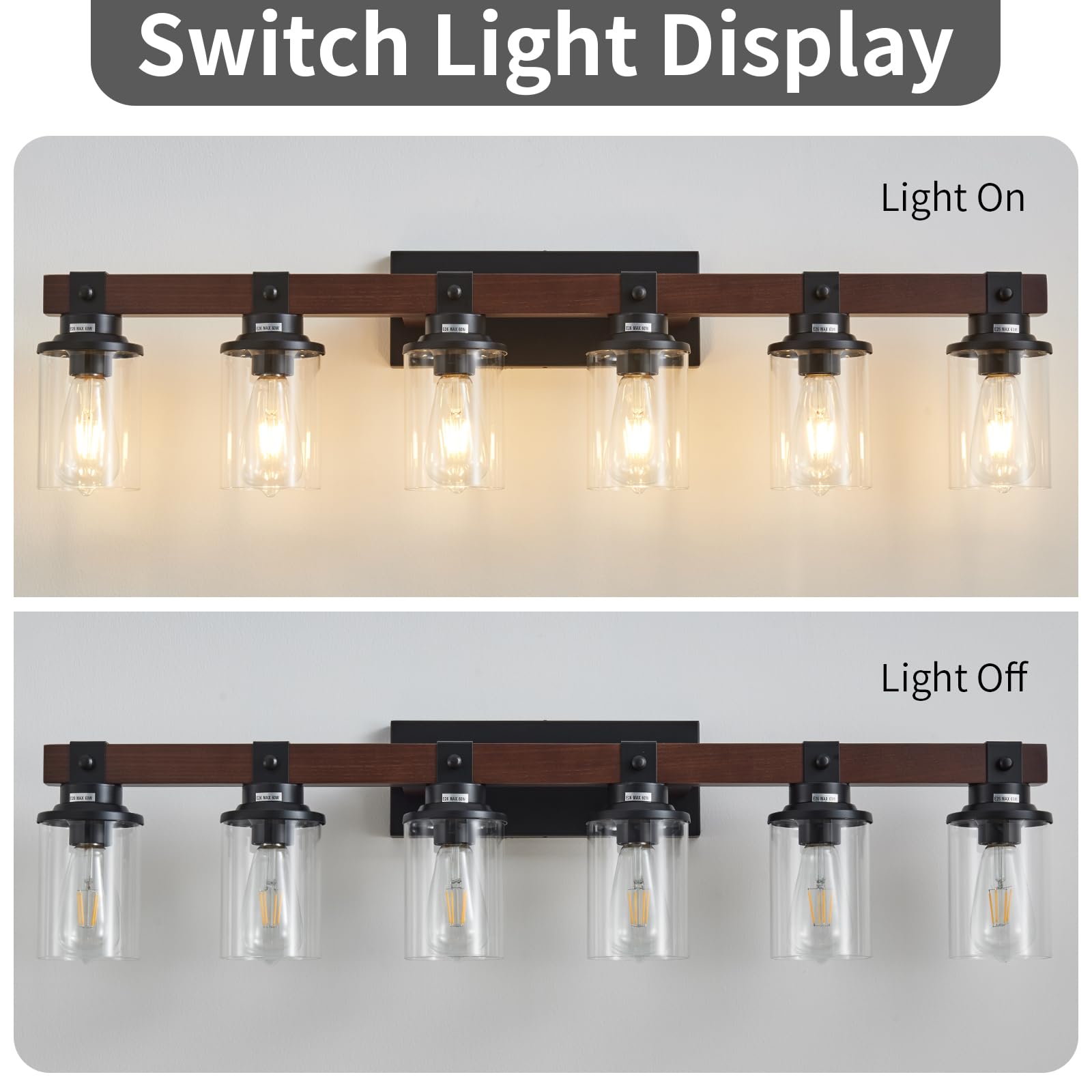 Aixialin 6-Light Farmhouse Vanity Light Fixture, Industrial Metal & Wood Sconce, Black & Wooden, Model 600-100-1093