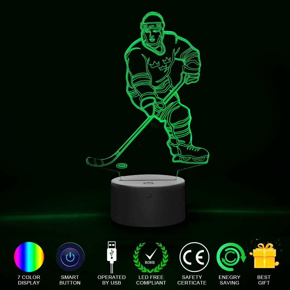 Ticent Hockey Player Night Light, Hockey 3D Lamp Lighting Lights For Kids 7 Led Color Changing Touch Table Desk Lamps Cool Toys