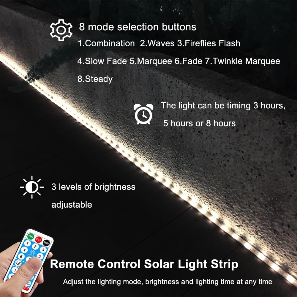 BMTJOVO Solar LED Strip Lights, 9.8ft White Waterproof Outdoor Lights with Remote, Timer, 8 Modes, Model BMT03-W