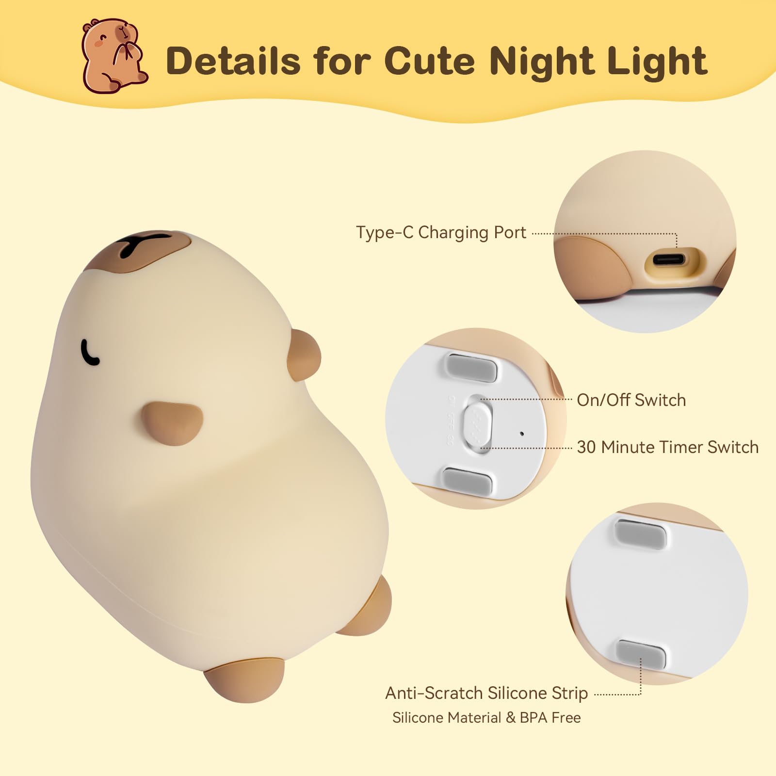 TCMOT Cute Capybara Night Light for Kids, 3-Level Dimmable Nursery Nightlight, Silicone Squishy Light Up Gifts, Rechargeable Bed