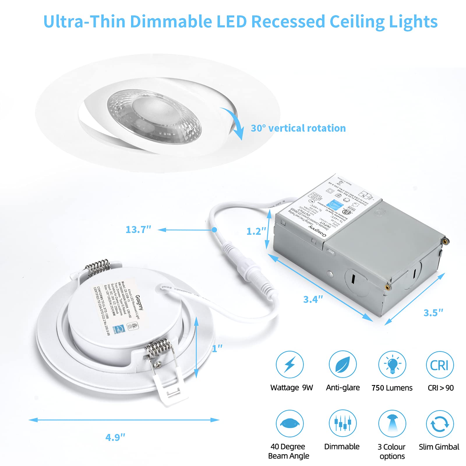Gasonny 16 Pack LED Recessed Lights, 4 Inch Adjustable Eyeball Gimbal, Dimmable 9W, ETL Listed, 3000K/4000K