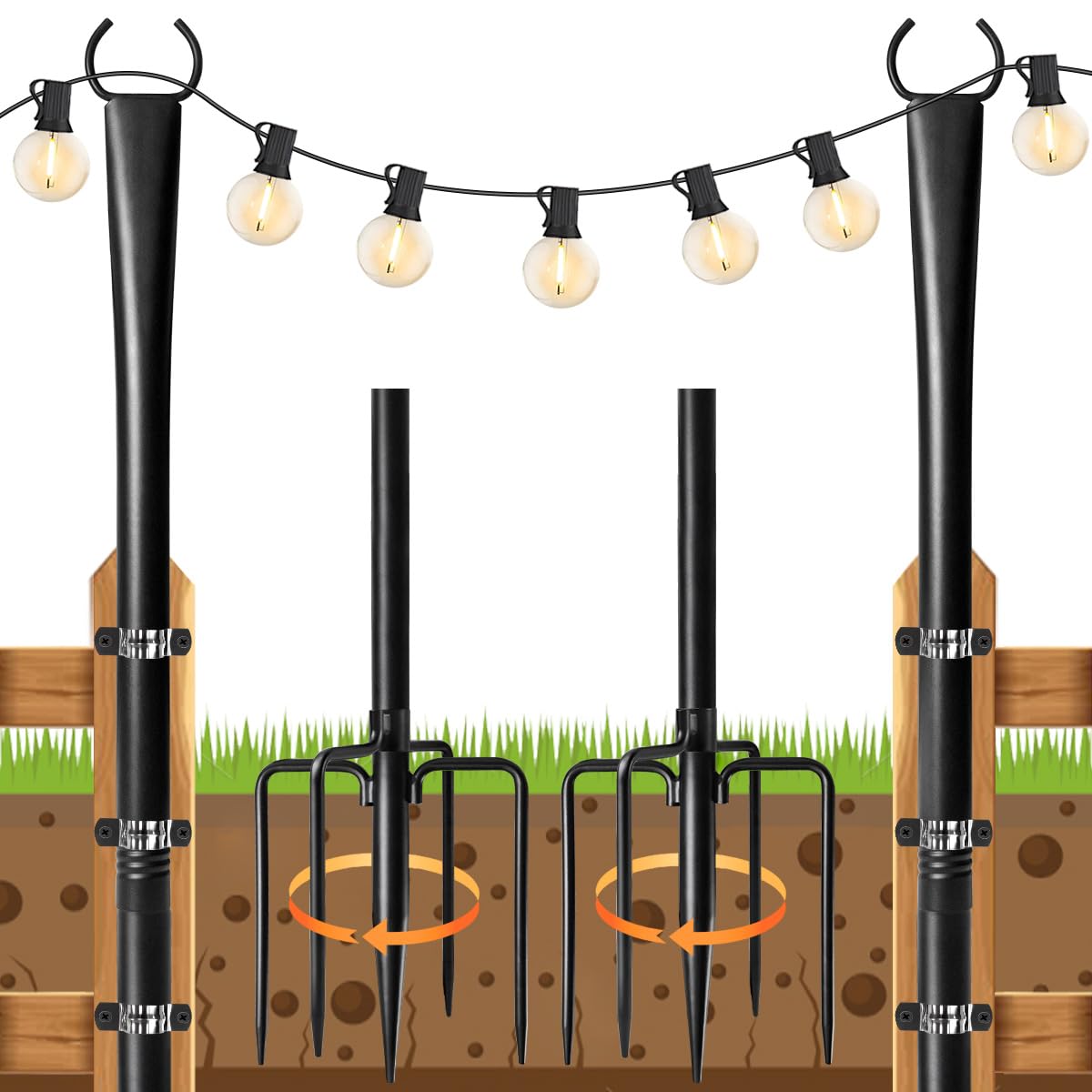 2 Pack String Light Poles for Outside, 10ft Heavy-Duty Metal Light Poles for Outdoor String Lights with Fork, Adjustable Lightin