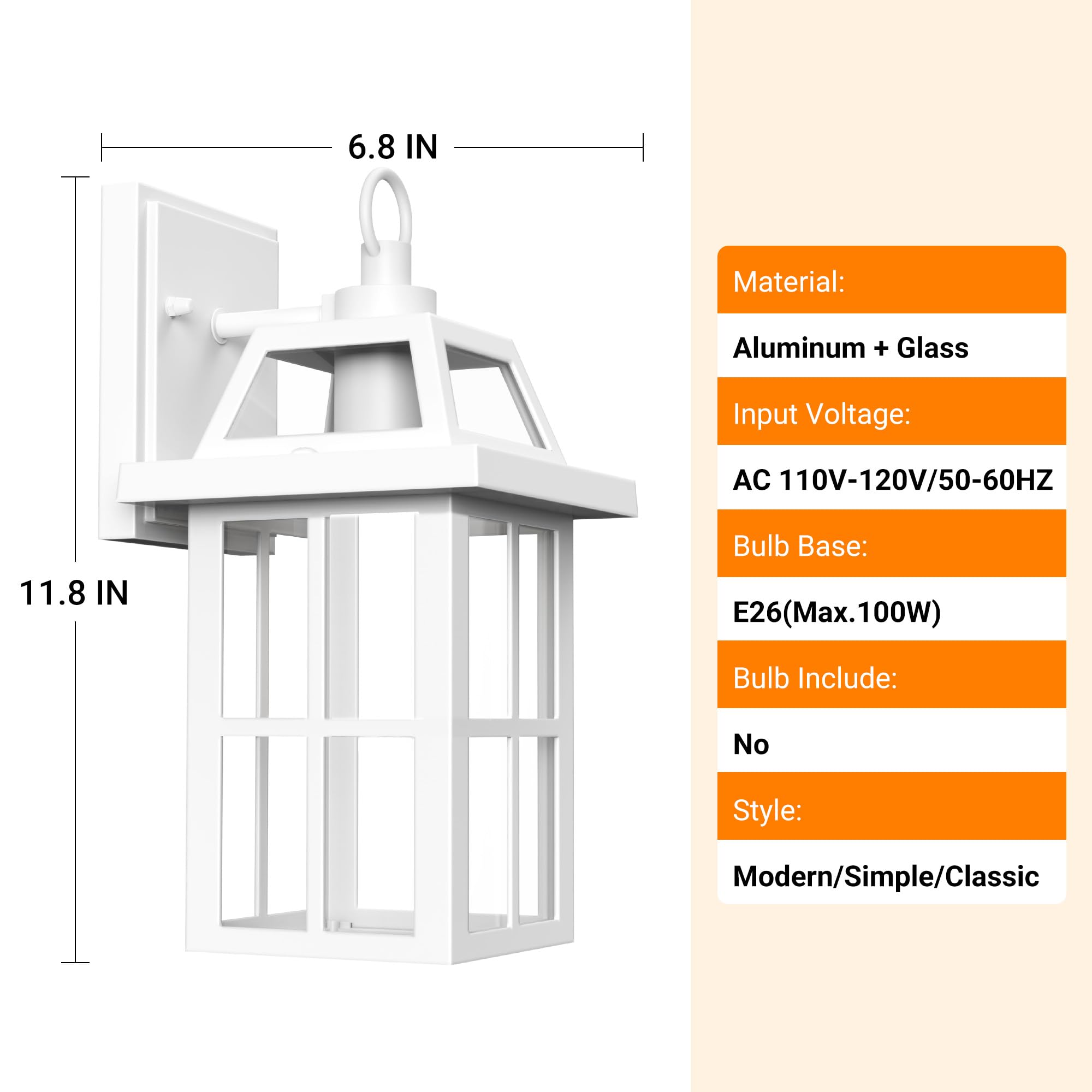 Wihtu Outdoor Wall Lantern, White Porch Lights With Glass Shade, Waterproof Wall Sconce Light, Fixtures Exterior Wall Lighting,