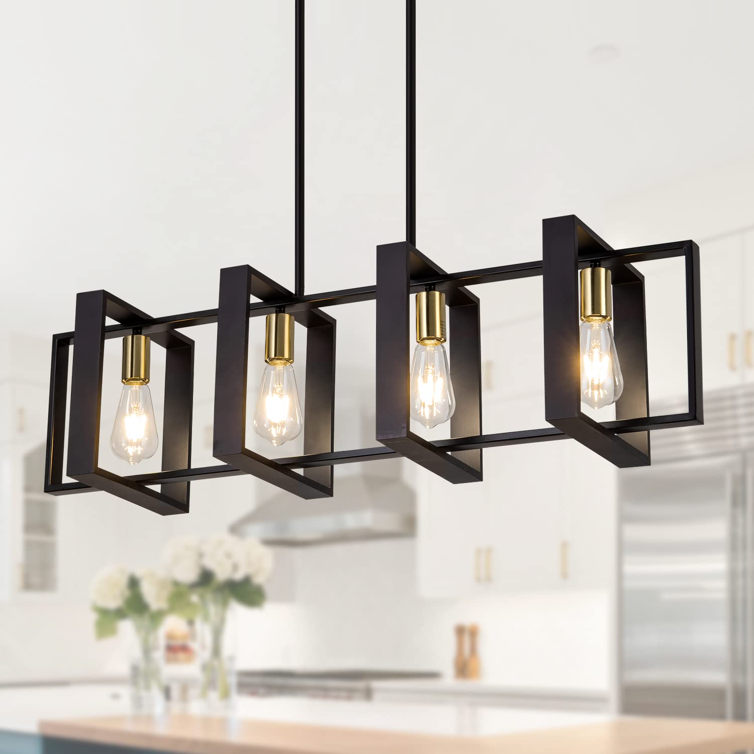Poroulux Farmhouse Kitchen Island Lighting Black Chandeliers For Dining Room Wooden Island Lights,Industrial Rectangle Light Fixtures Ceiling Hanging (4 Lights)