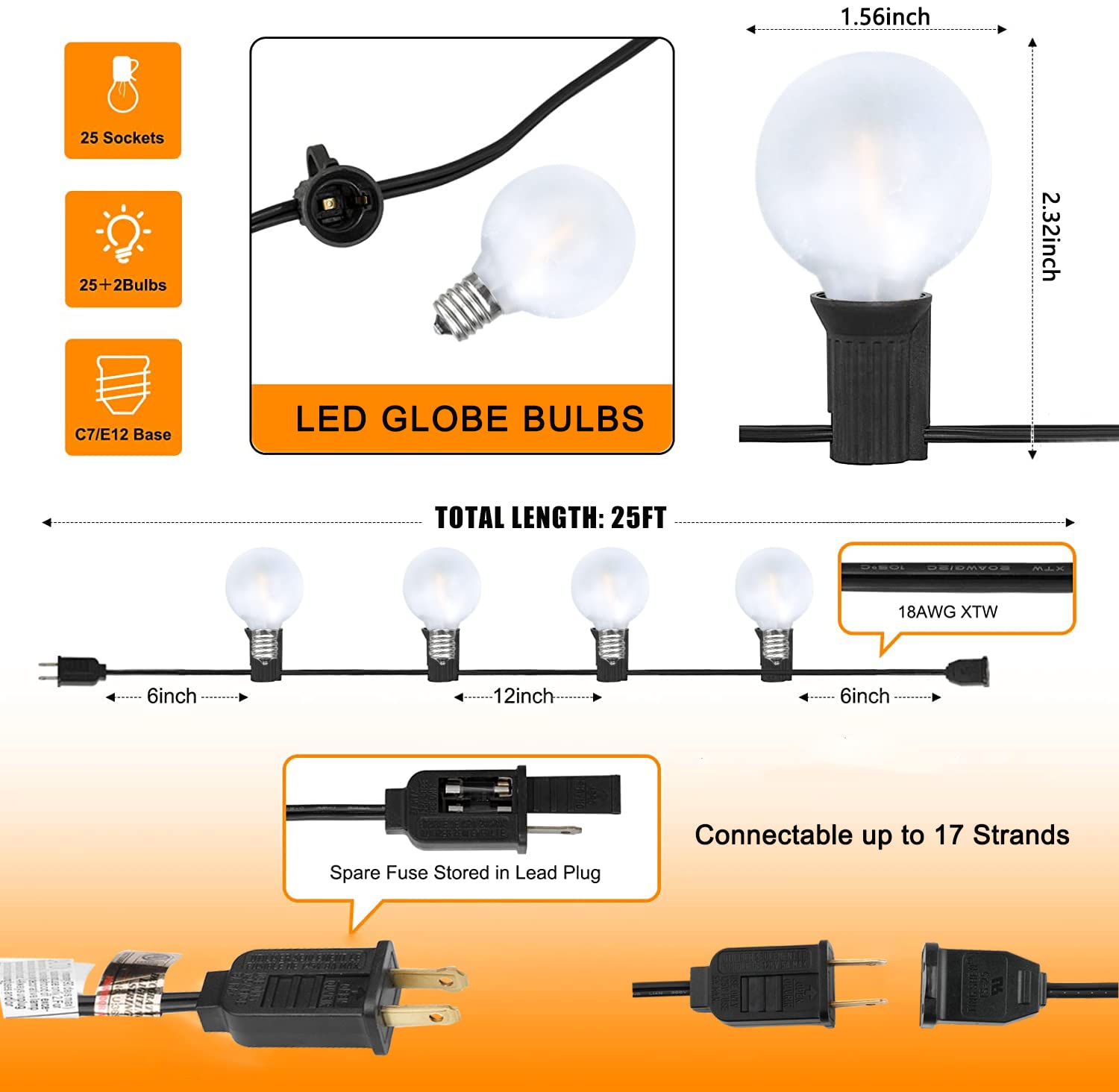 Goothy G40 Led Globe String Lights, 25Ft Outdoor Porch Frosted Led Lights With 27 Shatterproof Bulbs(2 Spare), Led String Lights