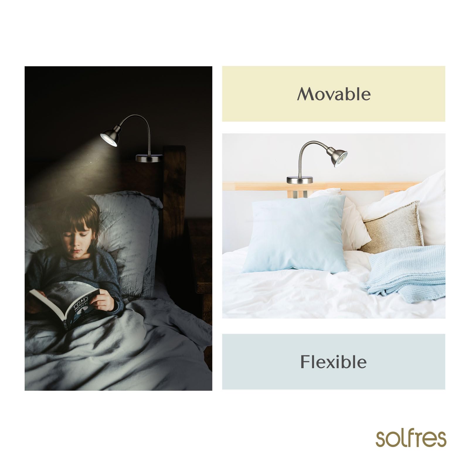 Solfres Headboard Reading Light - Dimmable LED, Movable & Flexible, Silver, Model Light003, No Drilling Design for Bedtime Reading