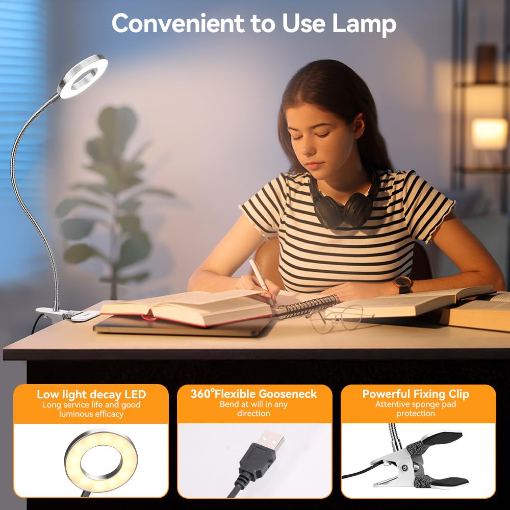 Skymore Clip on Light - 3 Color Modes, 10 Brightness Levels, Flexible Gooseneck, Metal, 6.02inx4.25inx3.15in, Silver,