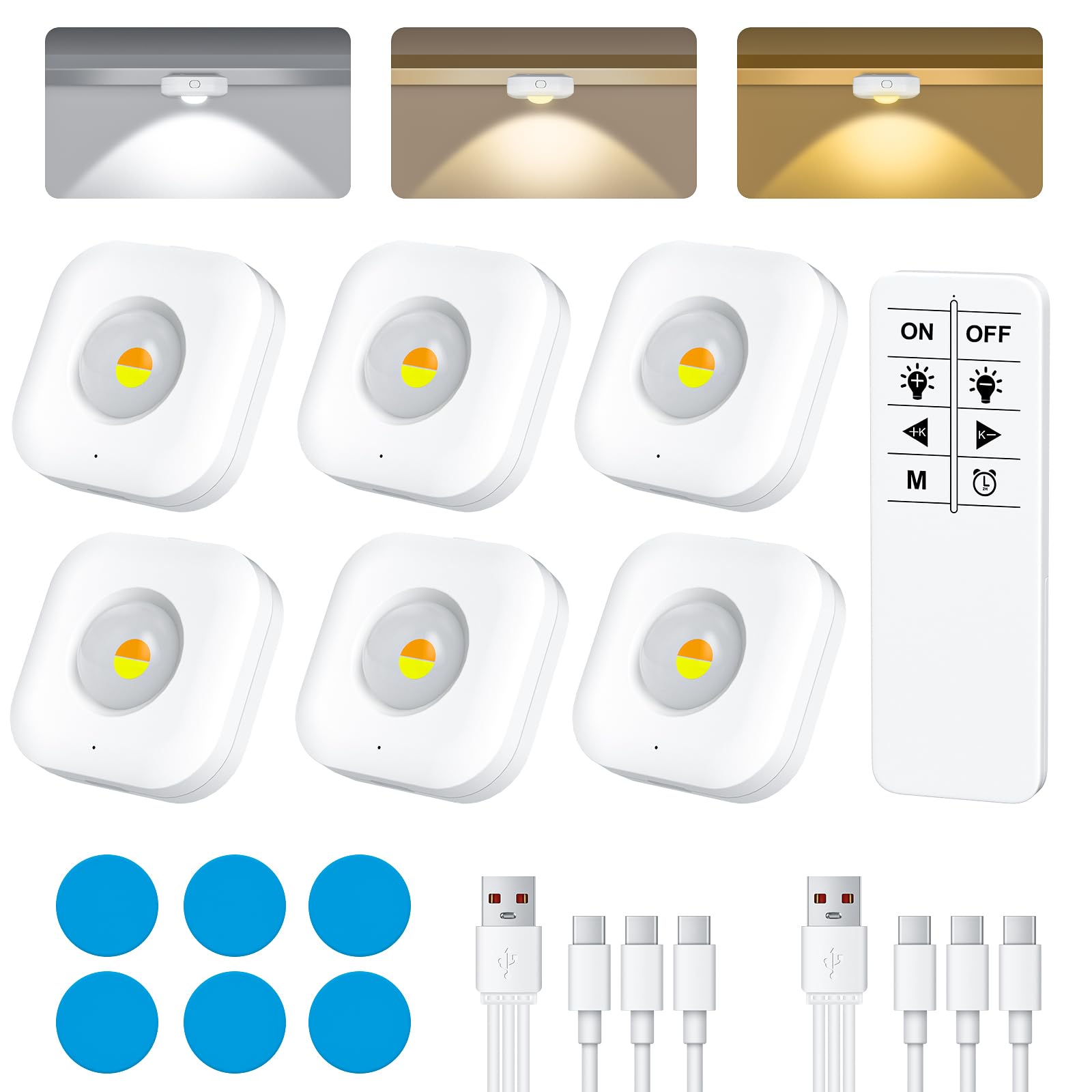 Puck Lights with Remote Control, Under Cabinet Lights Rechargeable, 1500mAh Battery,3 Color Temperatures, Dimmable Stick-On Ligh