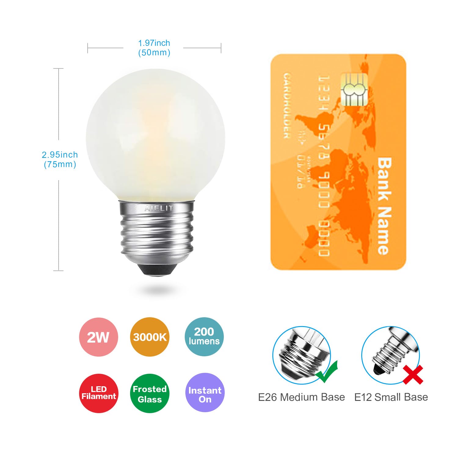 Aielit Dimmable 2 Watt Globe Frosted Led Light Bulbs 25W Equivalent, Soft White 3000K, A15/A50 Led Bulb, E26 Medium Base, Antiqu