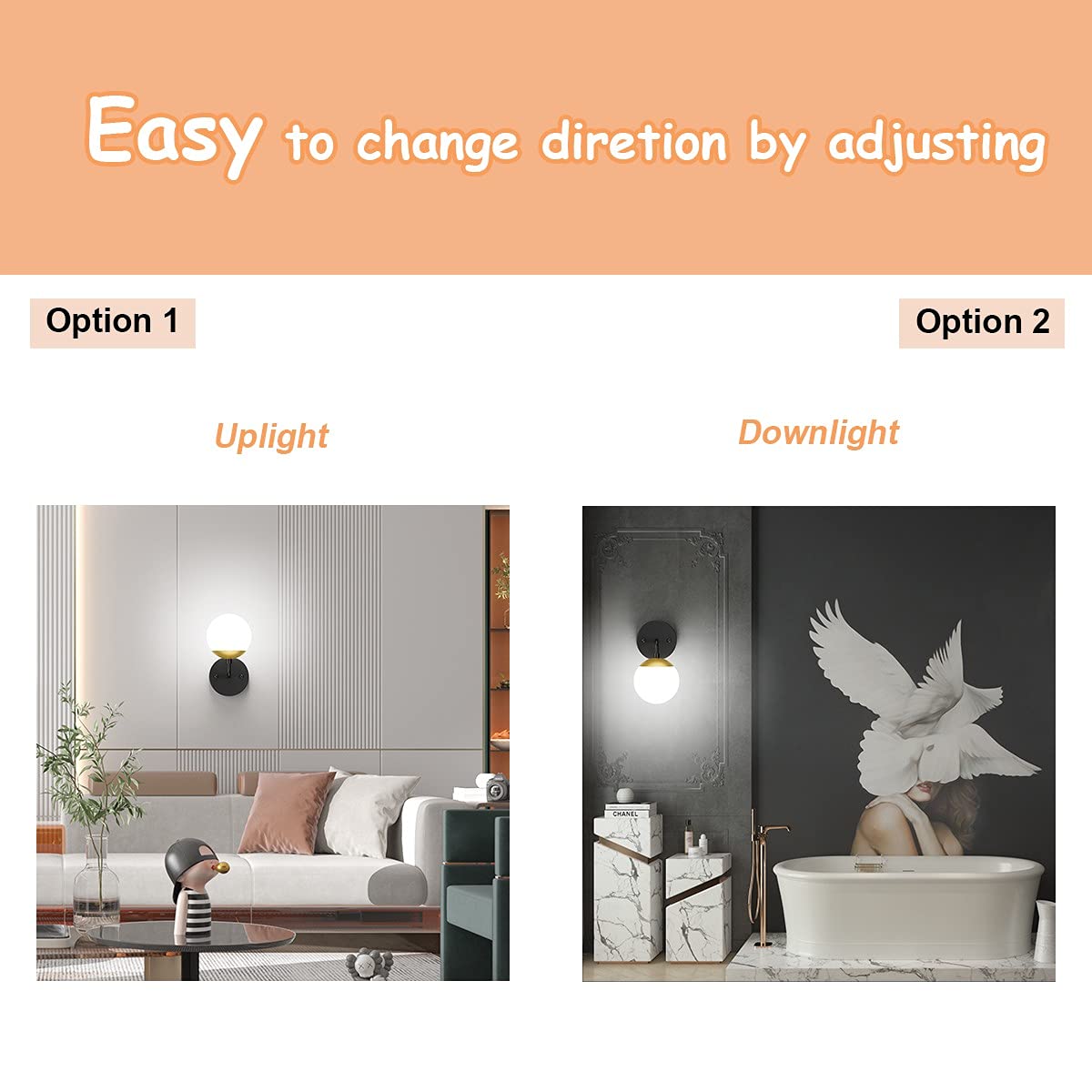 Tipace Black and Gold Wall Light, Mid Century Modern Globe Sconce, 6000K G9 Bulb, 1 Light, well-made Metal