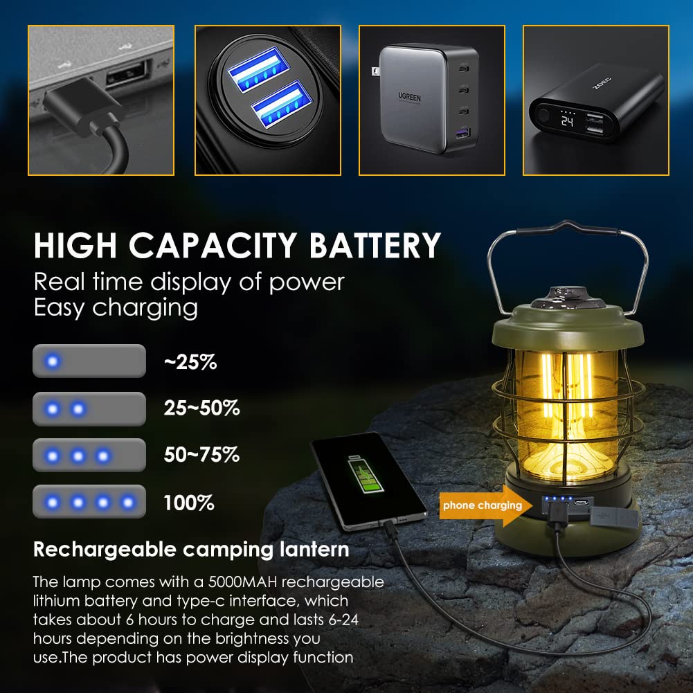 UniqueFire Rechargeable Camping Lantern, 1500 Lumens, 2 Modes, 4x8in, Green, Model: UniqueFire