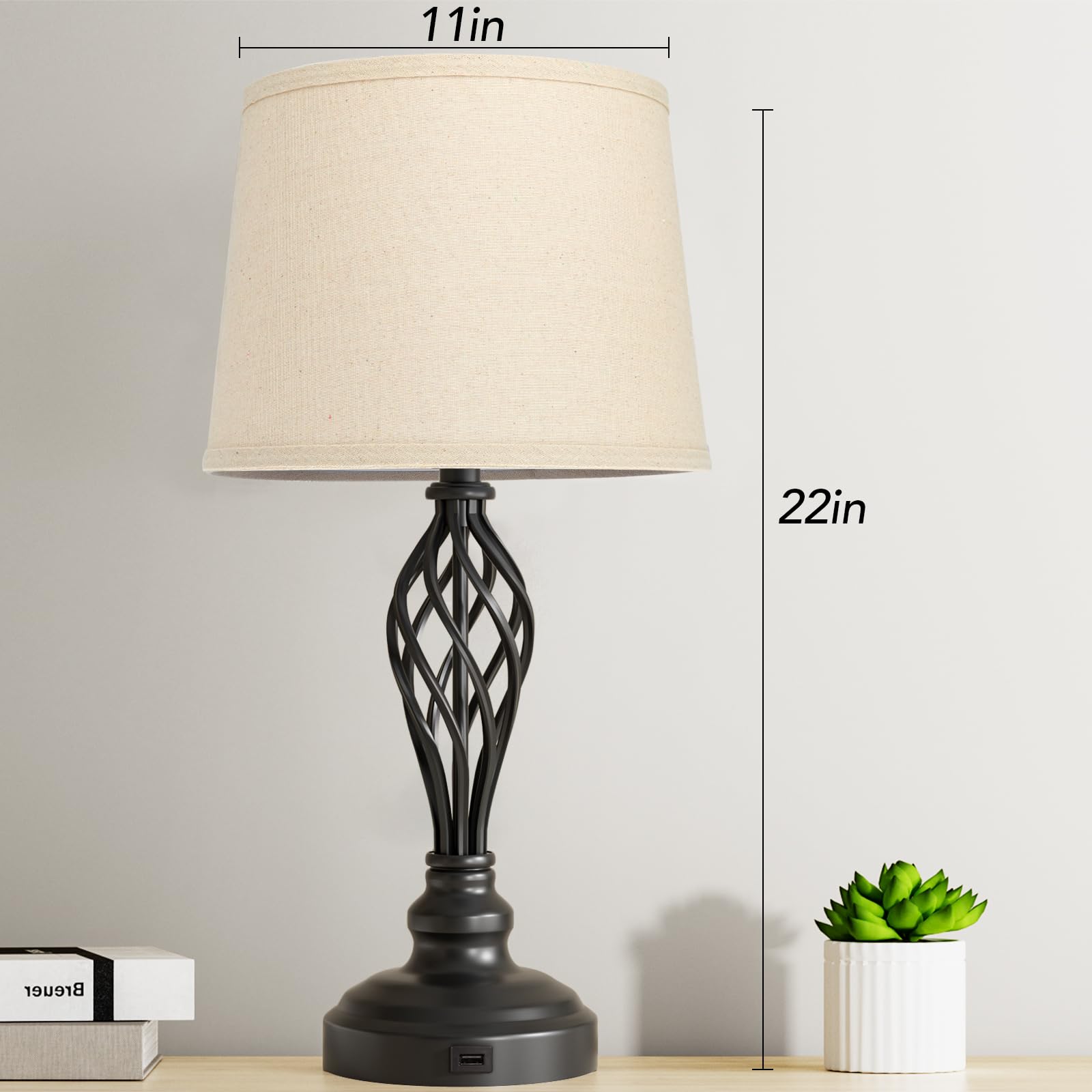 Partphoner Set Of 2 Table Lamps With Usb Port, Farmhouse Bedside Lamps With 3-Color Temperature, Nightstand Lamp Large Cream Dru