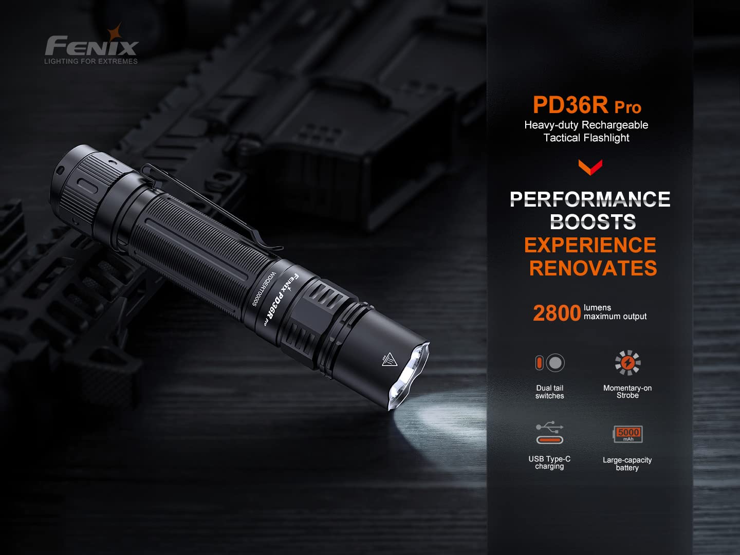 Fenix PD36R Pro Tactical Flashlight 2800 Lumen USB Rechargeable Aluminum Black Model EDB-FEN-PD36RPRO-BBX3