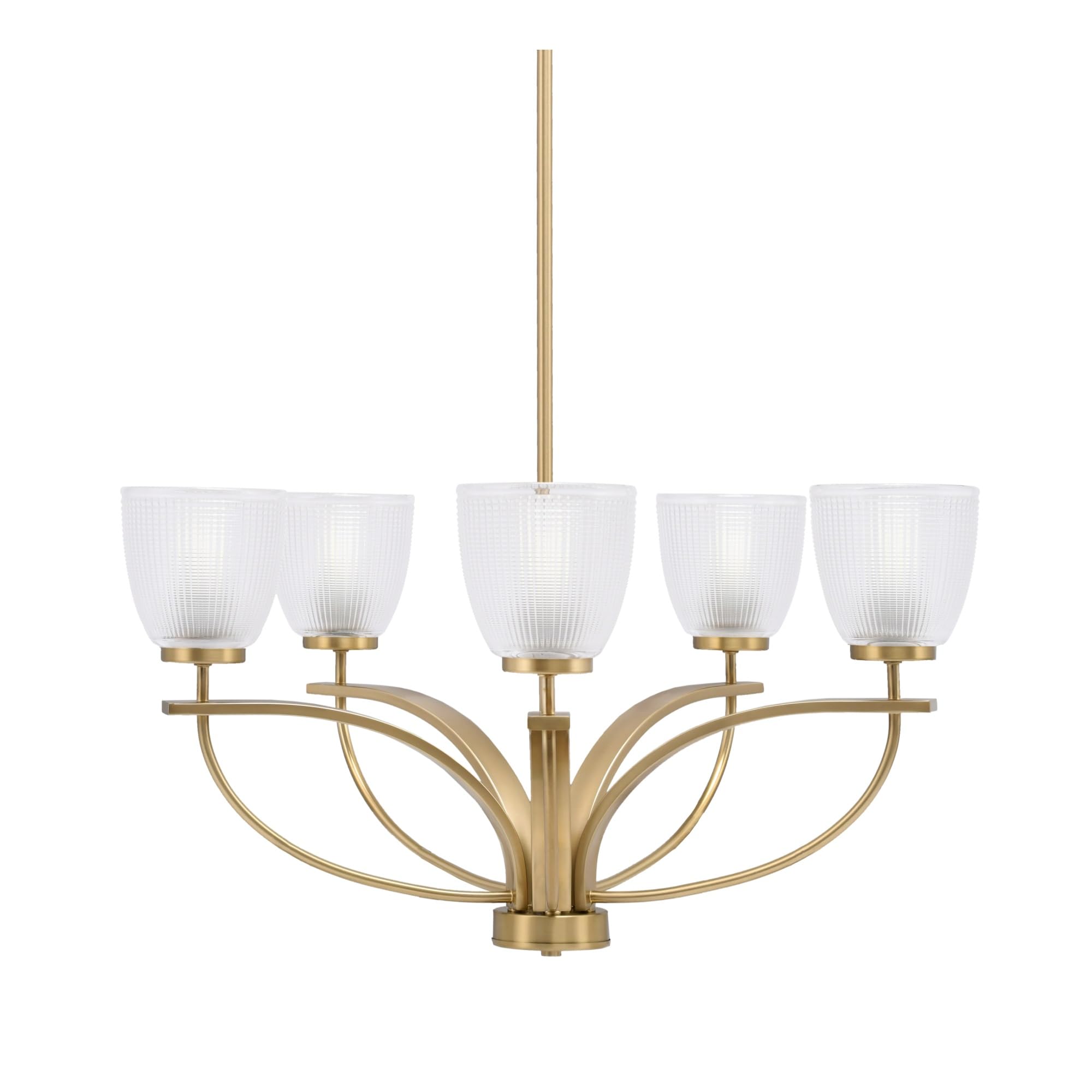 Toltec Lighting Cavella 5 Light, Uplight Chandelier, Hang Straight Swivel, New Age Brass Finish, 5&quot; Clear Ribbed Glass