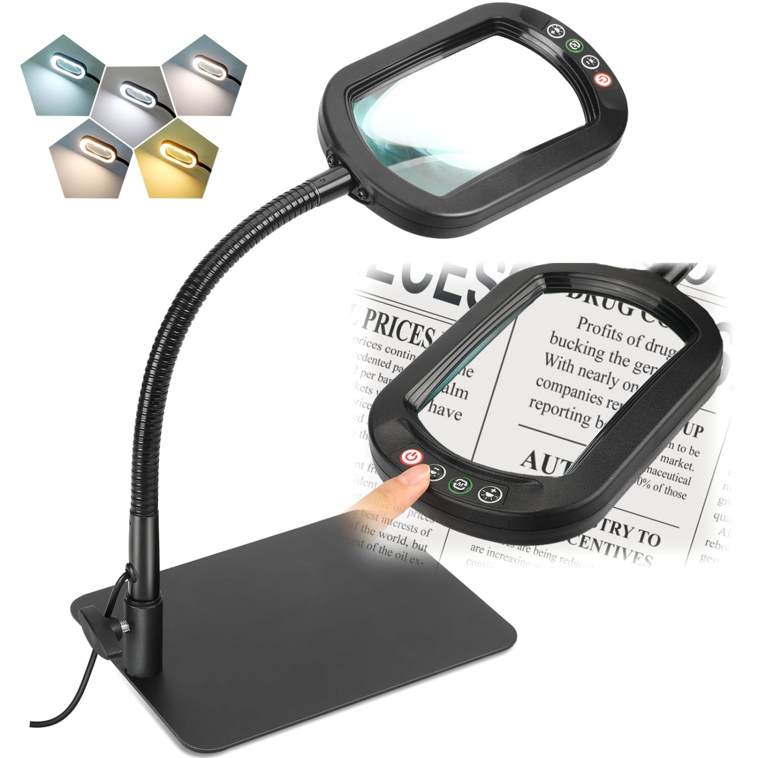 Veemagni 10X Rectangle Magnifying Glass with Light, Flexible Gooseneck LED Desk Lamp, Black, Model GE602