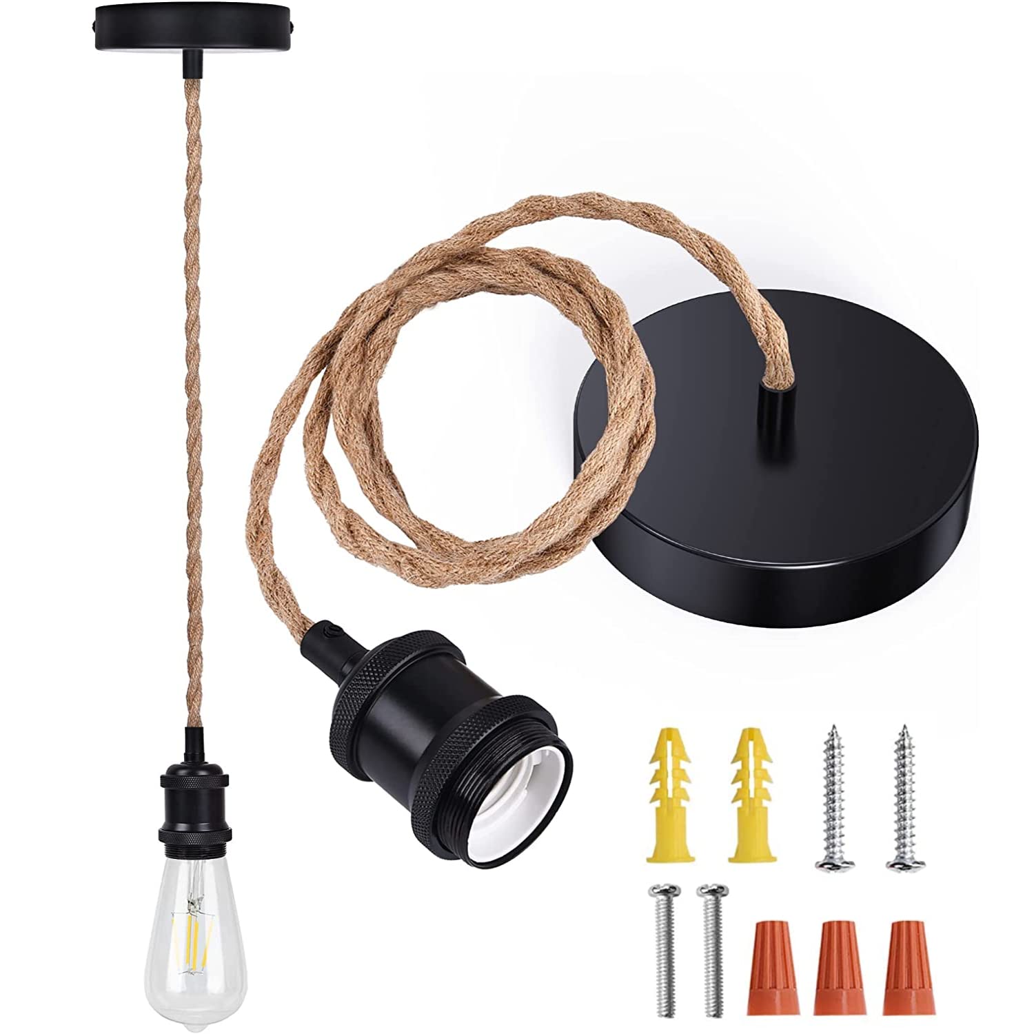 JACKYLED Boho Pendant Light Kit, Hemp Rope Fixture, E26/E27 Socket, Adjustable Cord, Black, Model JACKYLED753