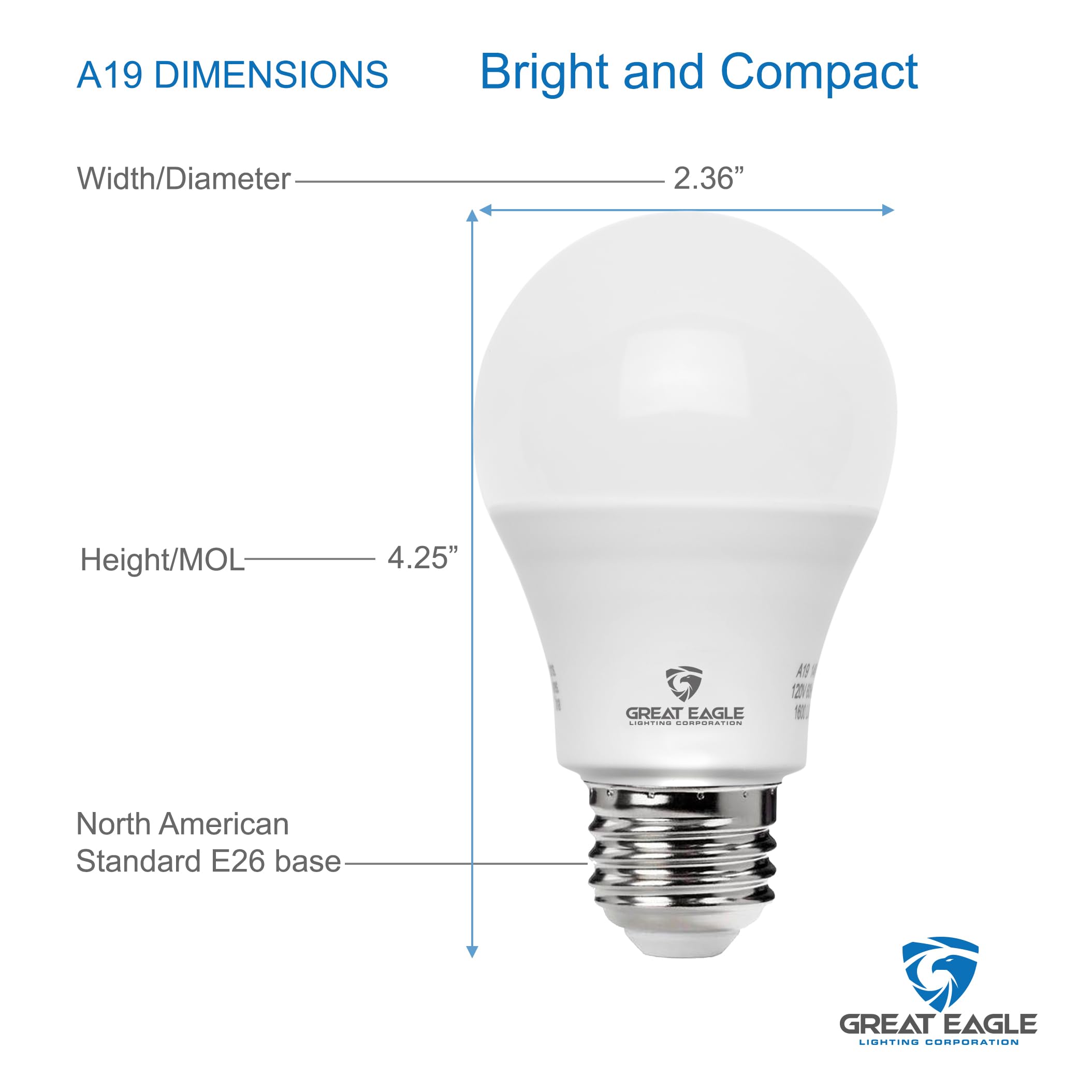 Great Eagle A19 LED Light Bulb 75W Equivalent, 5000K Daylight, Non-dimmable, 6-Pack, Plastic