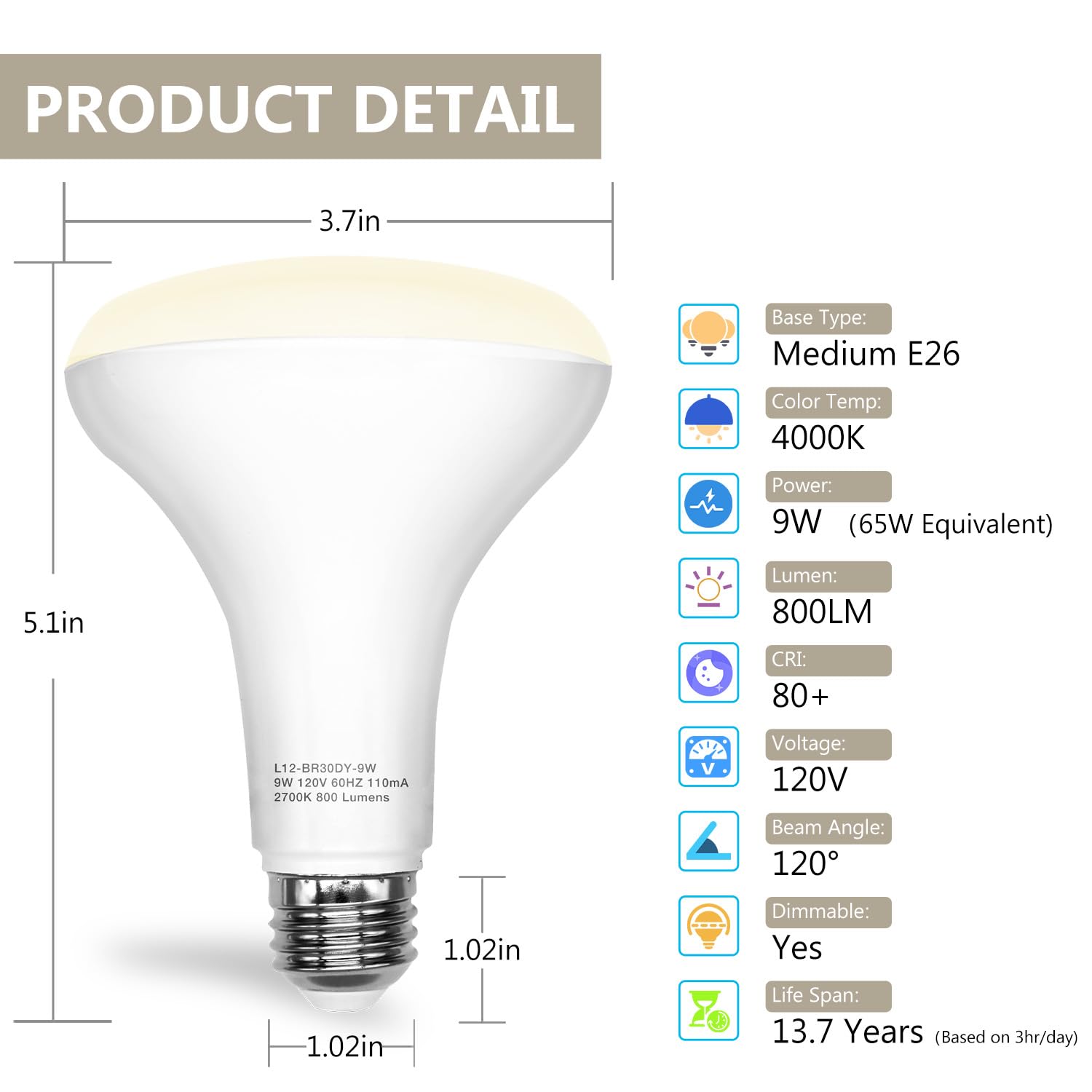 Daybetter Br30 Led Light Bulbs, 6 Pack 4000K Neutral White Indoor Flood Lights, 65W Equivalent, Dimmable, E26 Base, 800Lm, Reces
