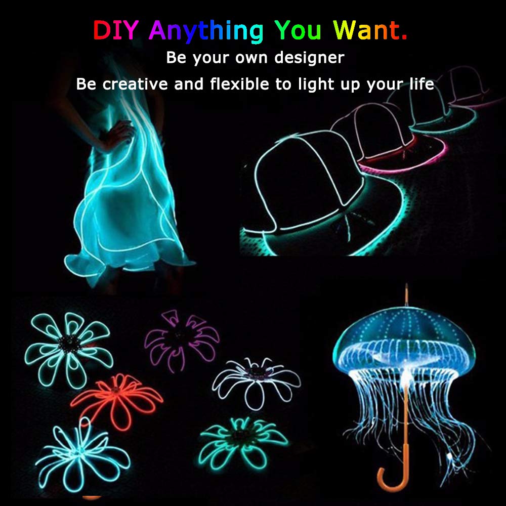 Jiguoor El Wire Battery Pack 9.8Ft / 3M Bright Neon Light Strip 360° Illumination Neon Tube Rope Lights For Diy, Festival, Party Decoration, Pub, Halloween, Chrismas (9.8Ft / 3M , Light Green)