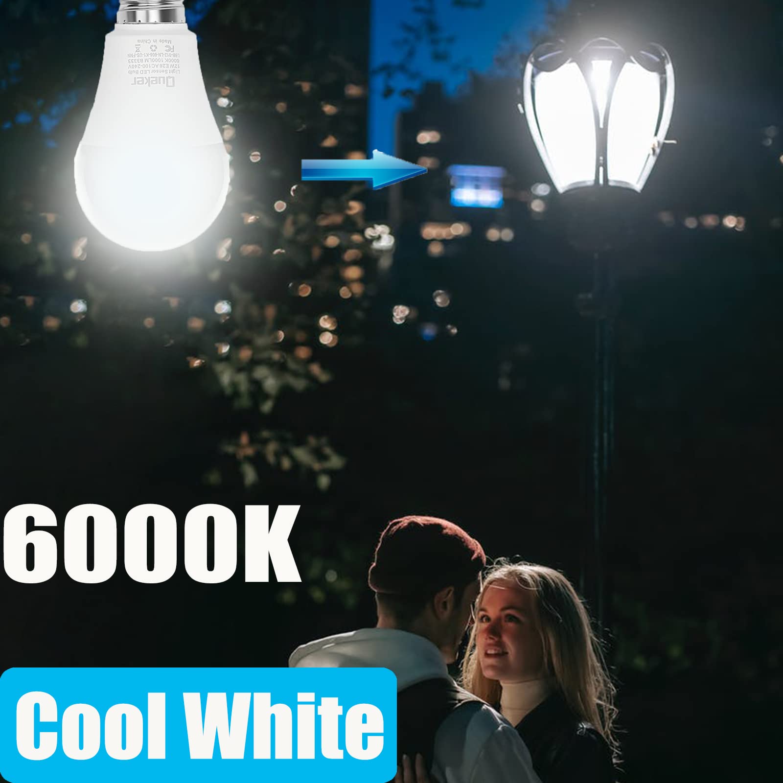 6 Pack Dusk To Dawn Light Bulbs Outdoor 6000K Cool White Sensor Bulbs, 12W (100 Watt Equivalent) Auto On Off Photocell Sensor, E
