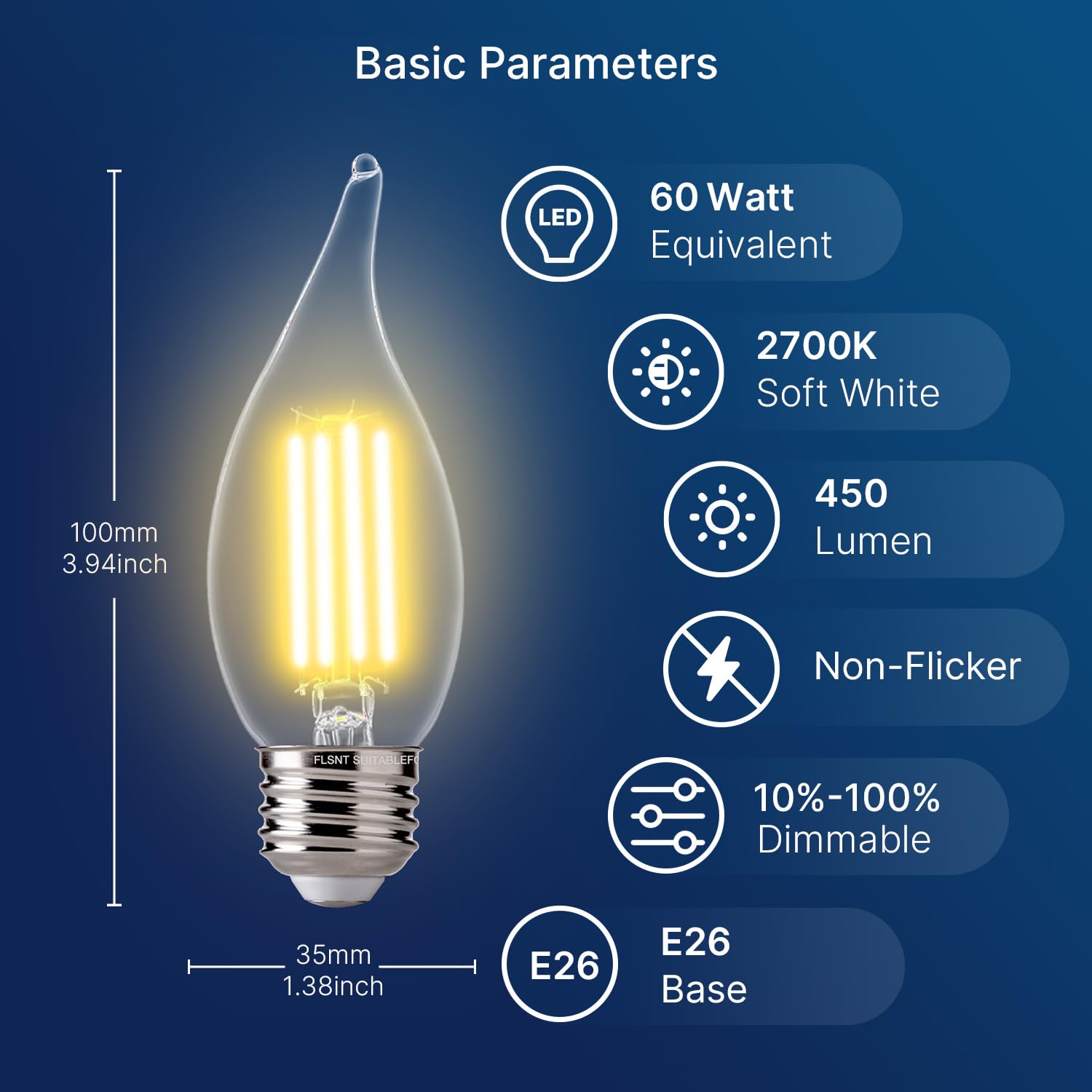 FLSNT LED Chandelier Bulbs, Dimmable CA11 Filament, E26 Base, 2700K Soft White, 6 Pack, Glass