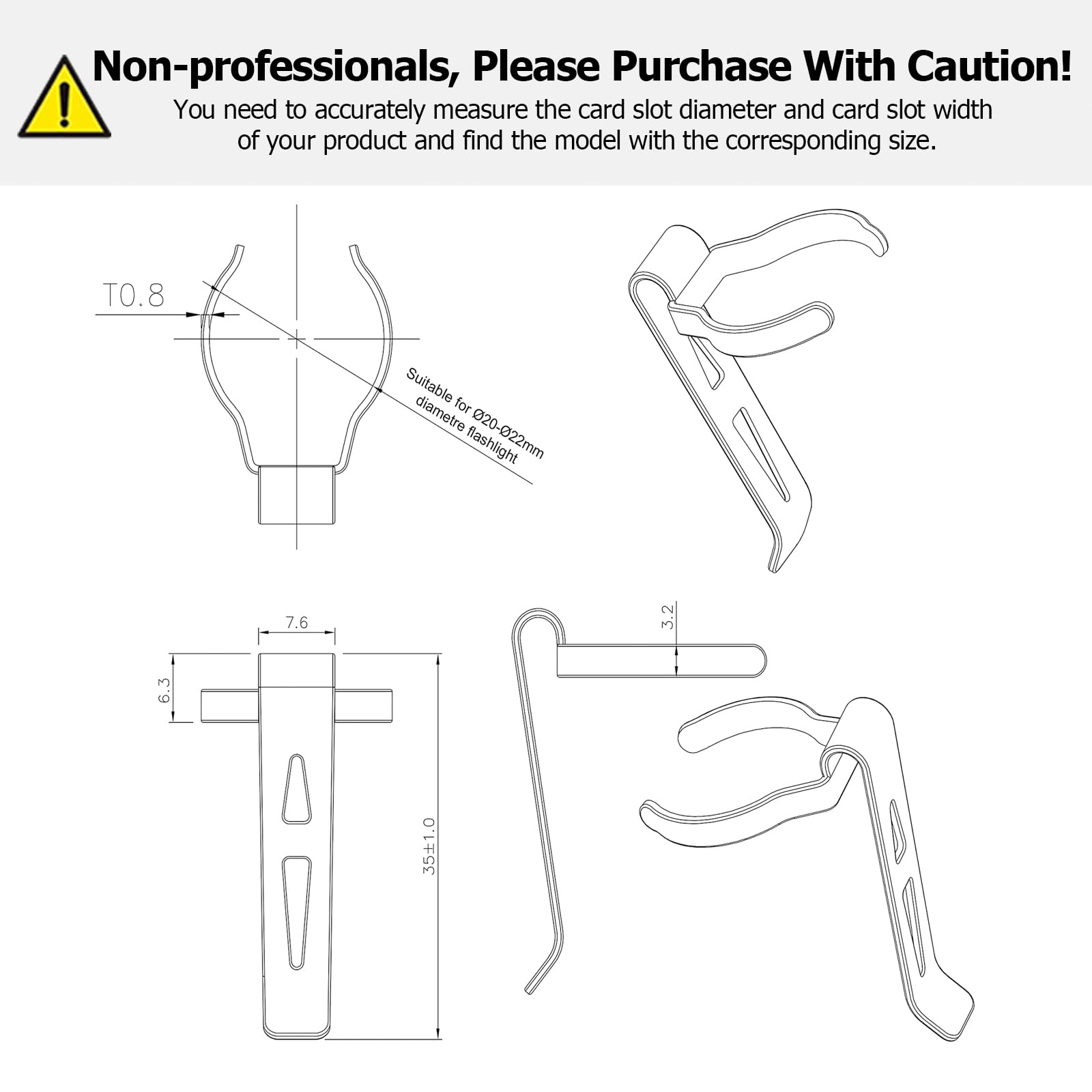 LIGHTFE B202 Flashlight Clip - Stainless Steel, Fits 20-22mm Diameter, 35mm Size, Hat & Pocket Use