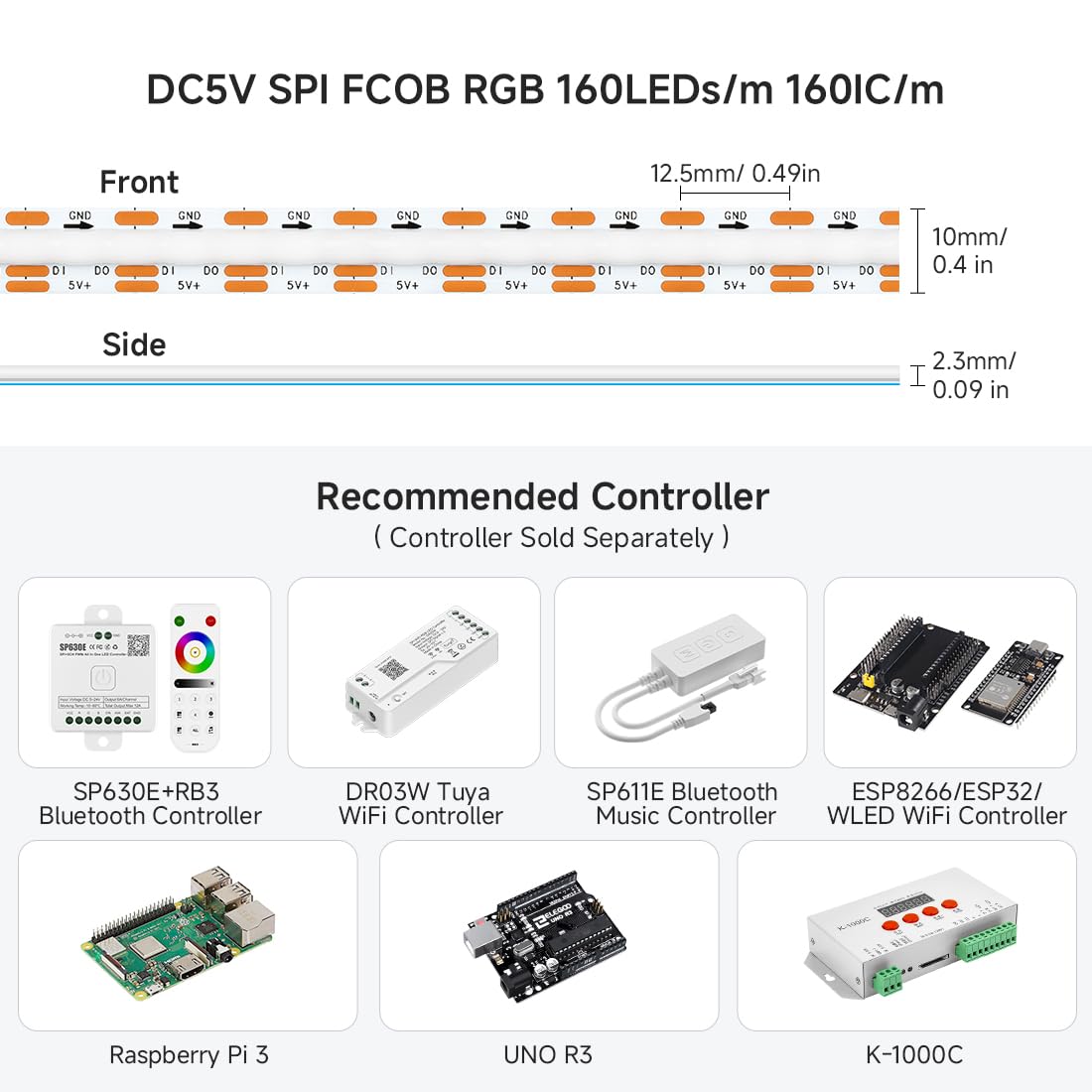Btf-Lighting Fcob Cob Ws2812B Ic Rgb Led Strip Dc5V 13.1Ft Individual Addressable 160Pixel/M 640Leds 640Ic Dream Color Ip30 Non-