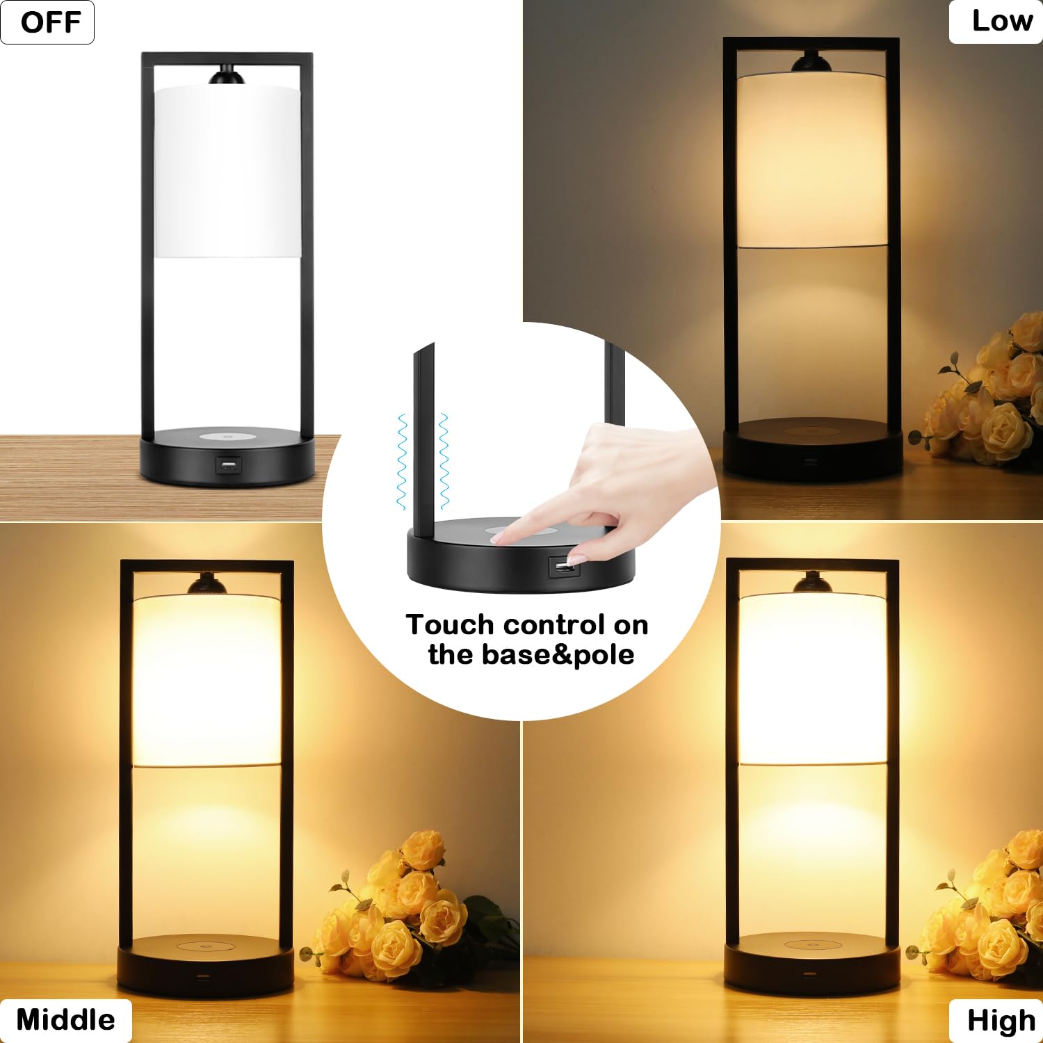 TOBUSA Wireless Charging Table Lamps Set of 2, Modern Dimmable Design, Warm White Fabric Shade, Metal, Model HRP-TS12008W-27A