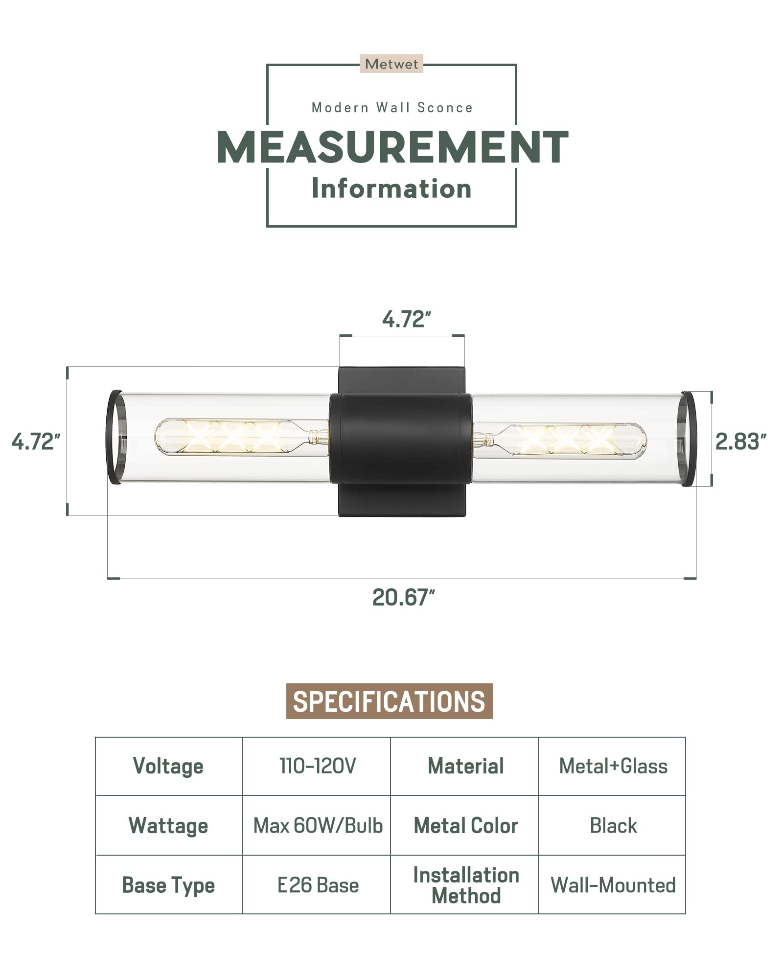 METWET Bathroom Vanity Light Fixtures, Matte Black Wall Lights in Clear Glass Indoor Wall Sconce, Modern Wall Light Up and Down