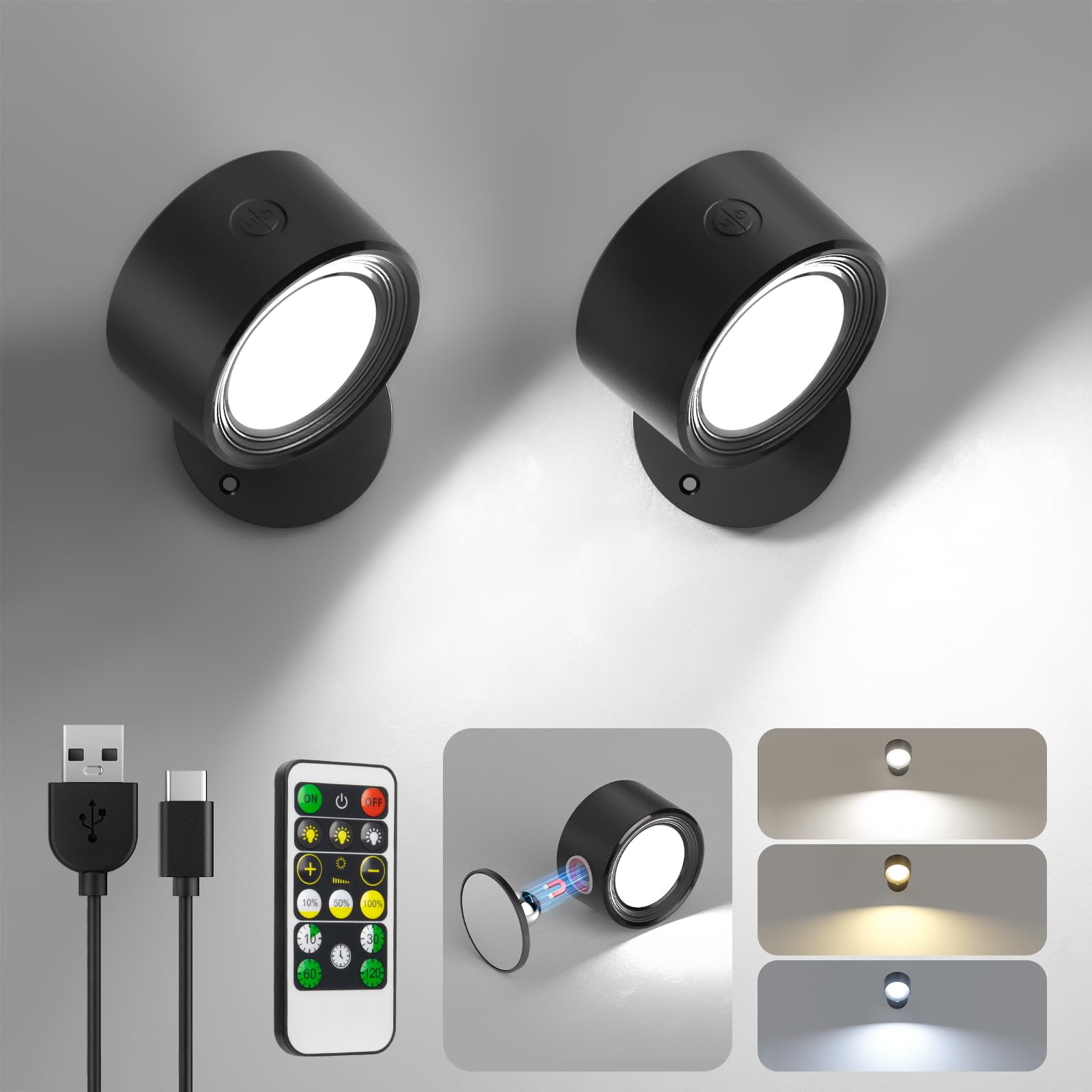 Lightbiz LED Wall Mounted Lights, 2 Pcs, Rechargeable 3000mAh, Dimmable, 3 Color Temperatures, Black, Model X120