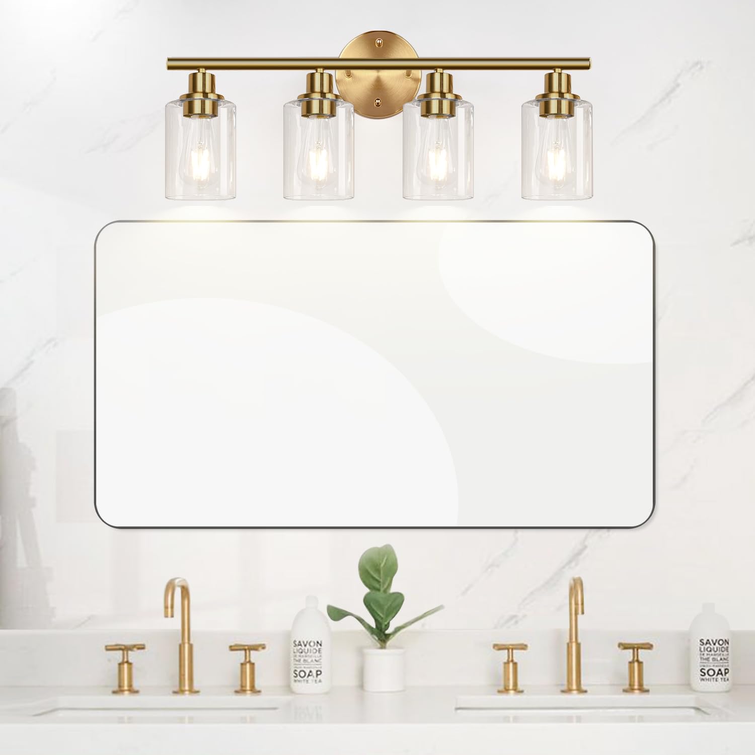 4-Light Bathroom Light Fixtures, Brushed Gold Modern Vanity Lights Over Mirror With Clear Glass Shade, Bathroom Wall Lamp For Mi