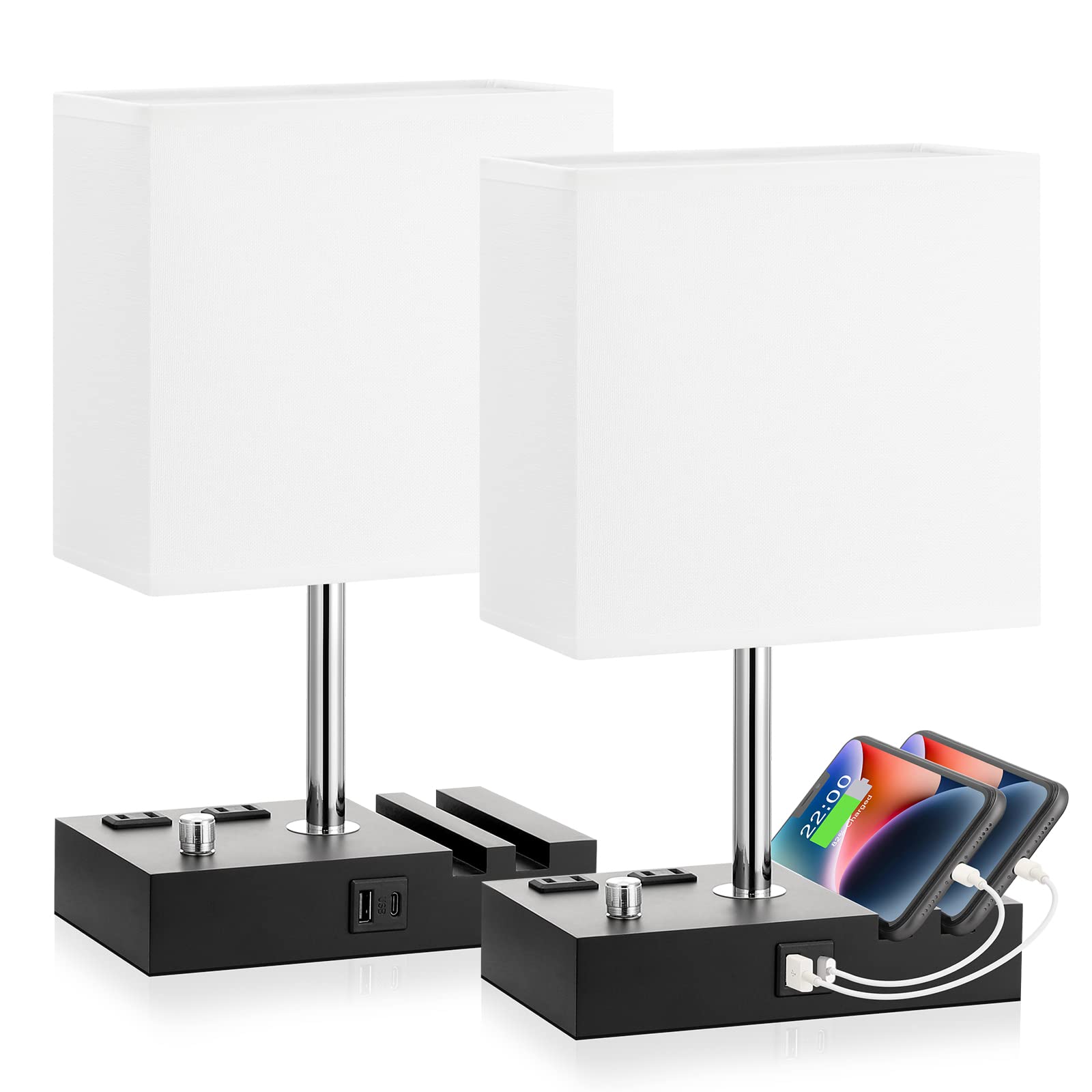 Kakanuo Bedside Lamps Set of 2, Fully Dimmable, USB C Ports, Wooden, White Shade