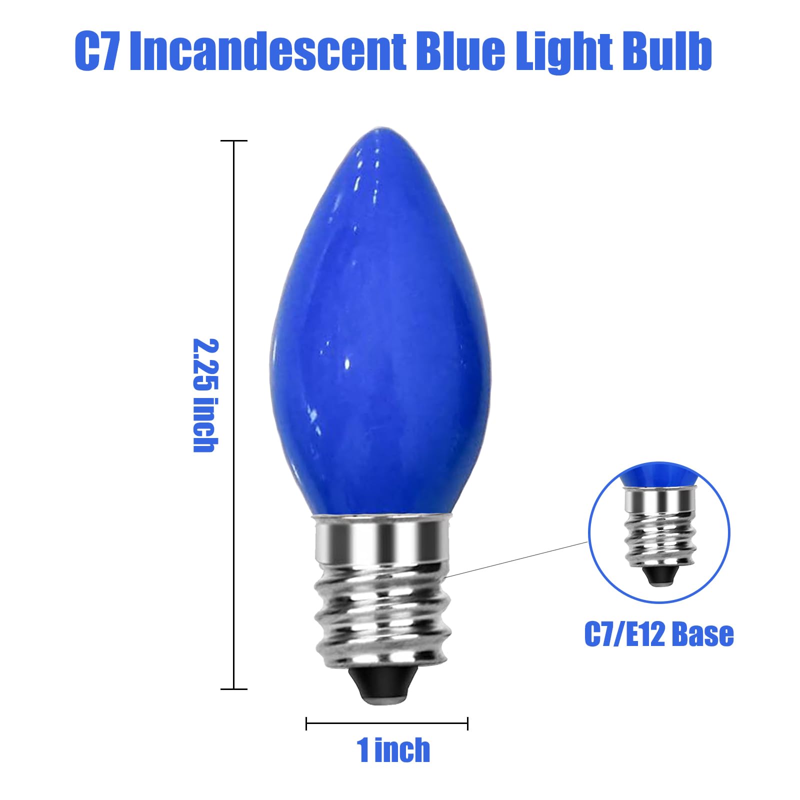 SUNSGNE C7 Blue Christmas Light Bulbs, 5W E12 Candelabra Base, 25-Pack, Glass - Perfect for Decor, Chandeliers, and Night Lights