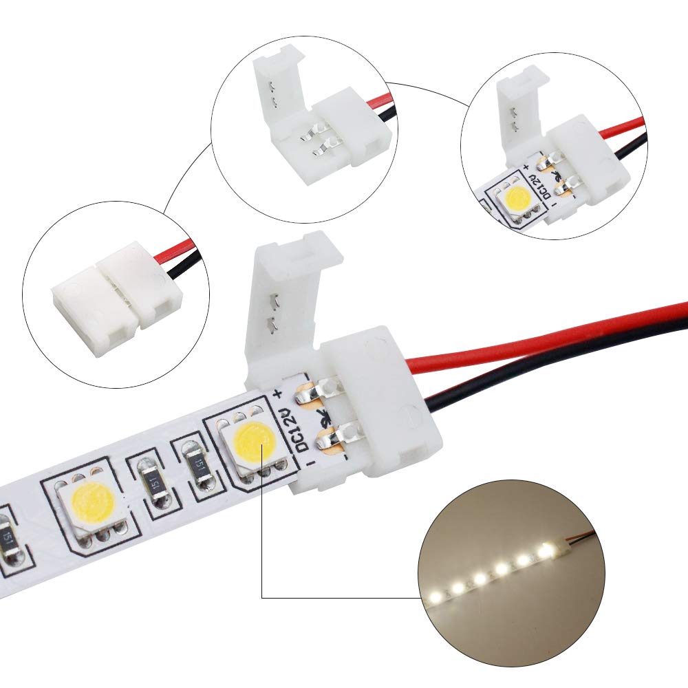 Lightingwill 10Pcs Strip Wire Connectors, 2Pin 10Mm, Solderless Snap Down For 10Mm Wide 5050/5630 Led Strips, Pigtail Connect