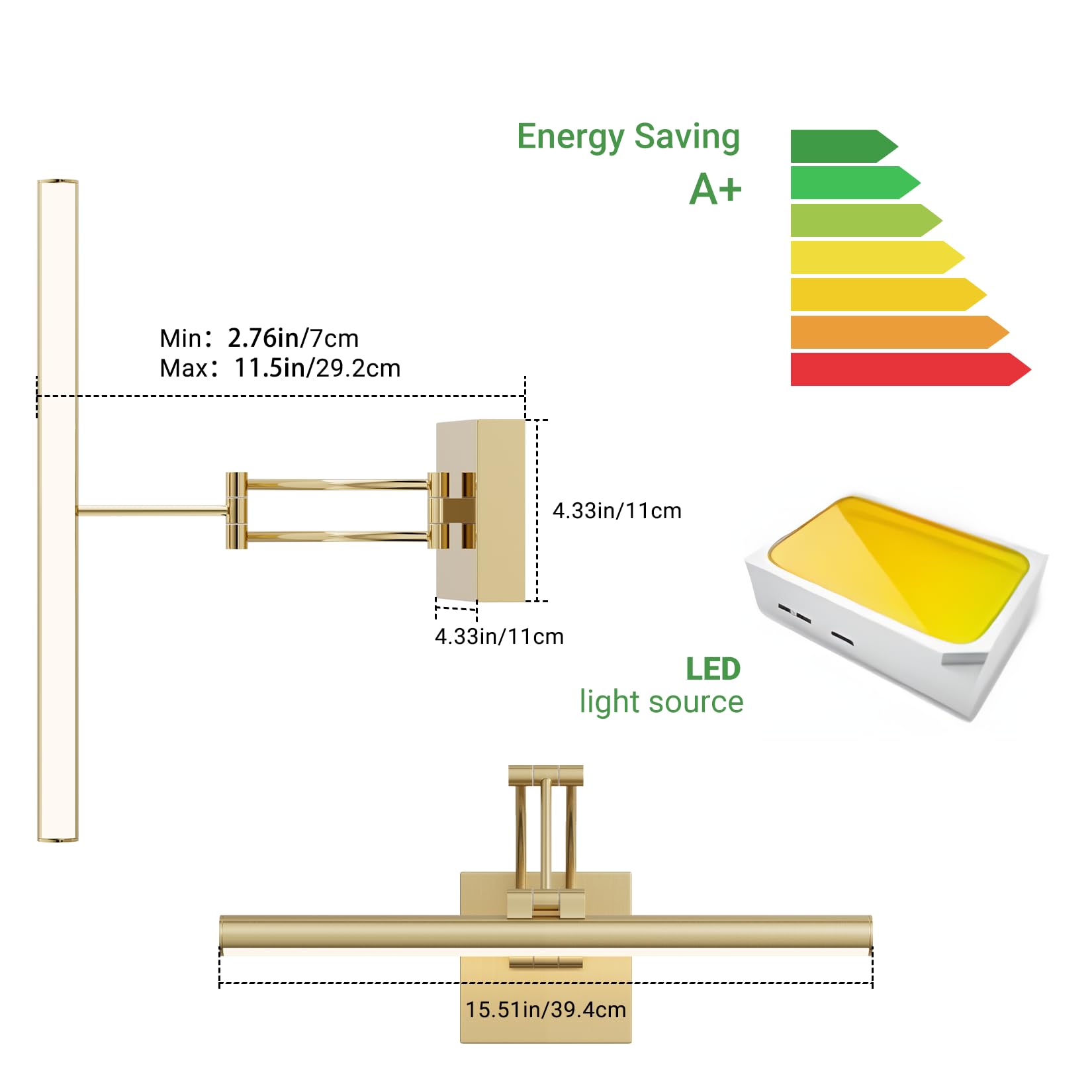 Tipace Hardwired Picture Light - 15.7in Dimmable Gold LED Wall Art Lighting, Model 9892, Aluminum & Acrylic