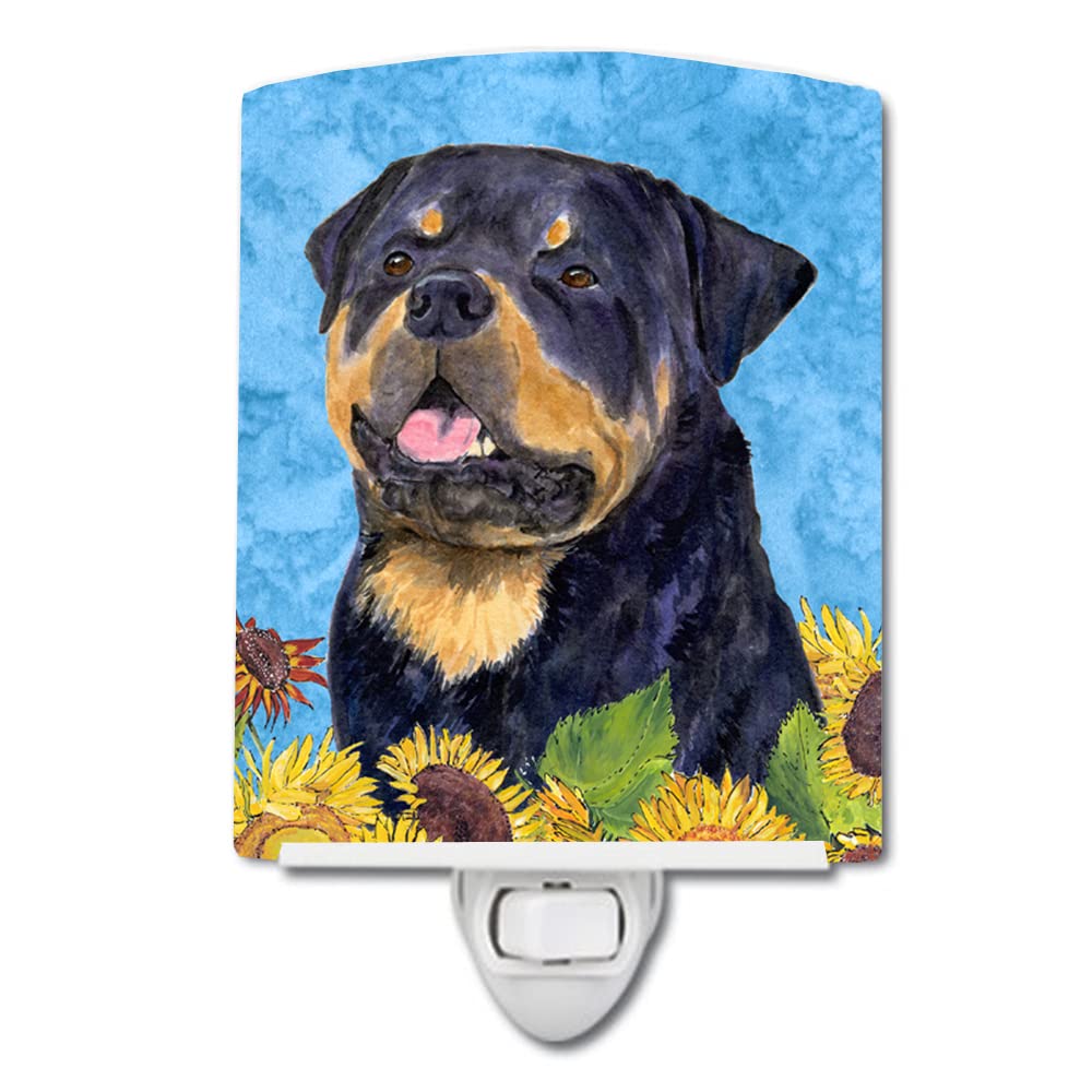 Caroline'S Treasures Ss4158Cnl Rottweiler In Summer Flowers Ceramic Night Light Compact, Ul-Certified, Ideal For Bedroom, Bathroom, Nursery, Hallway, Kitchen, 6X4X3, Multicolor