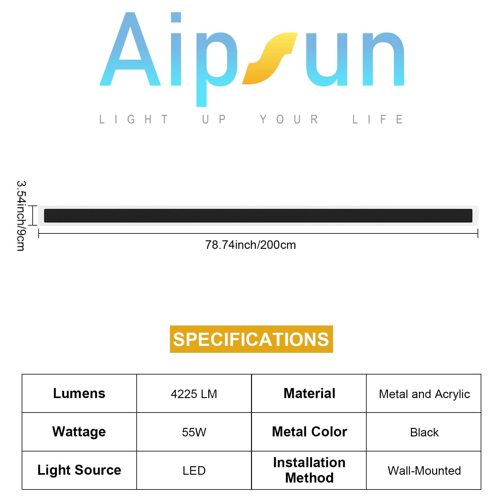 Aipsun 2 Pack Modern Outdoor Wall Lights, 55W 78.7" Black Aluminum Sconce, 3000K for Living Room and Corridor