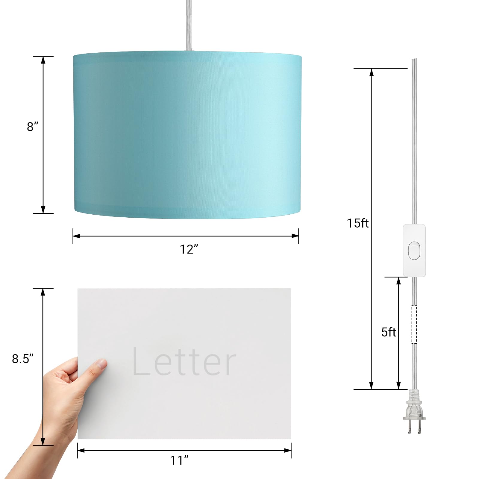 Dewenwils Plug In Pendant Light, Hanging Light With 15Ft Clear Cord, On/Off Switch, With Blue Lampshade, Hanging Light Fixture F