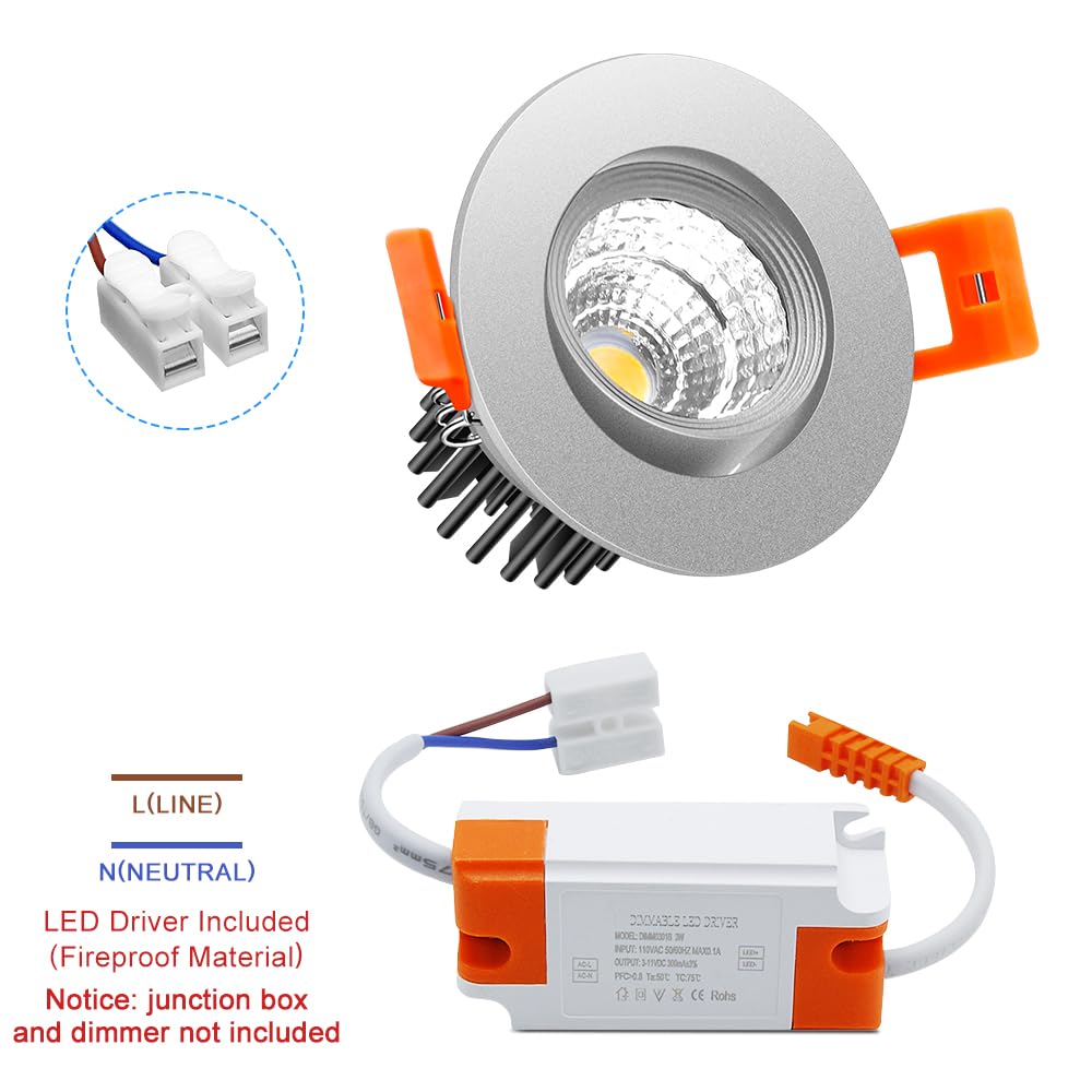 2Inch Led Recessed Ceiling Light, 3W Dimmable Led Downlight, Daylight White 5000K-5500K, 60 Beam Angle Cob Recessed Lights With Driver, 25W Halogen Bulbs, Silver 6Pack
