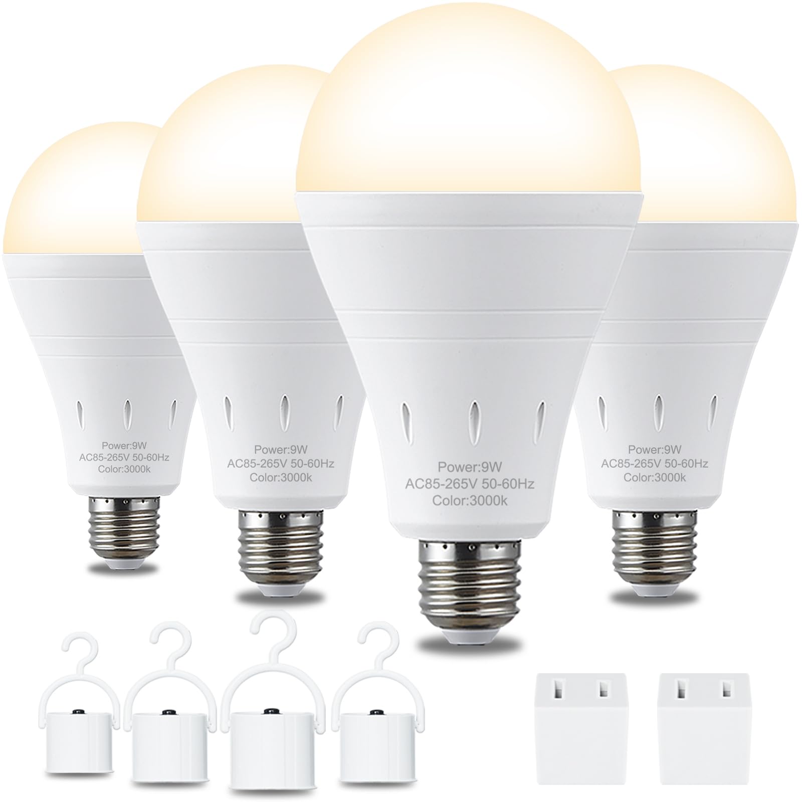 Debaobulb 4 Pack Rechargeable Emergency Light Bulbs, Battery Powered Led Light Bulb 3000K Warm E26 120 Volt 9W 60W Equivalent Wi