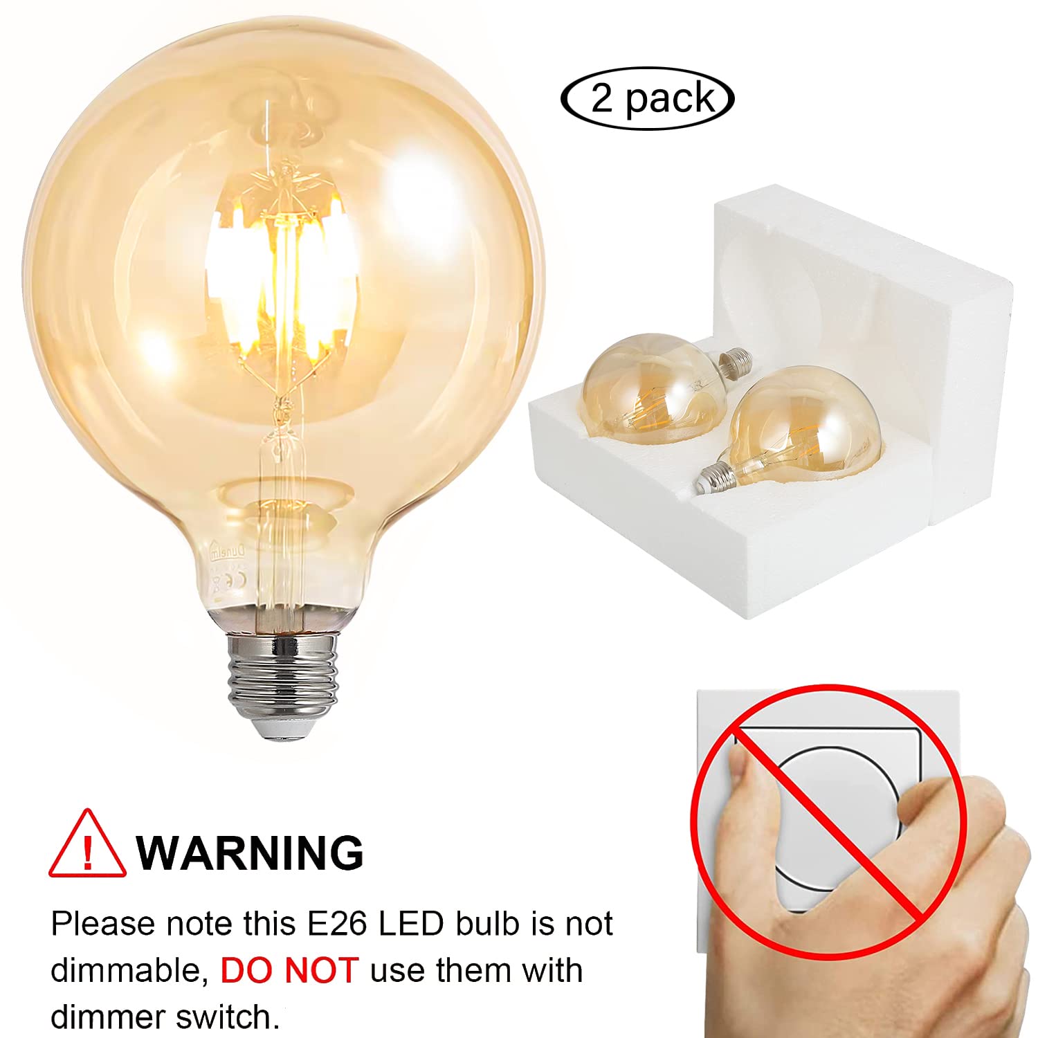 BoostArea G125 LED Globe Bulbs, 6W Antique Vintage, 2700K Warm White, Amber, 2 Pack