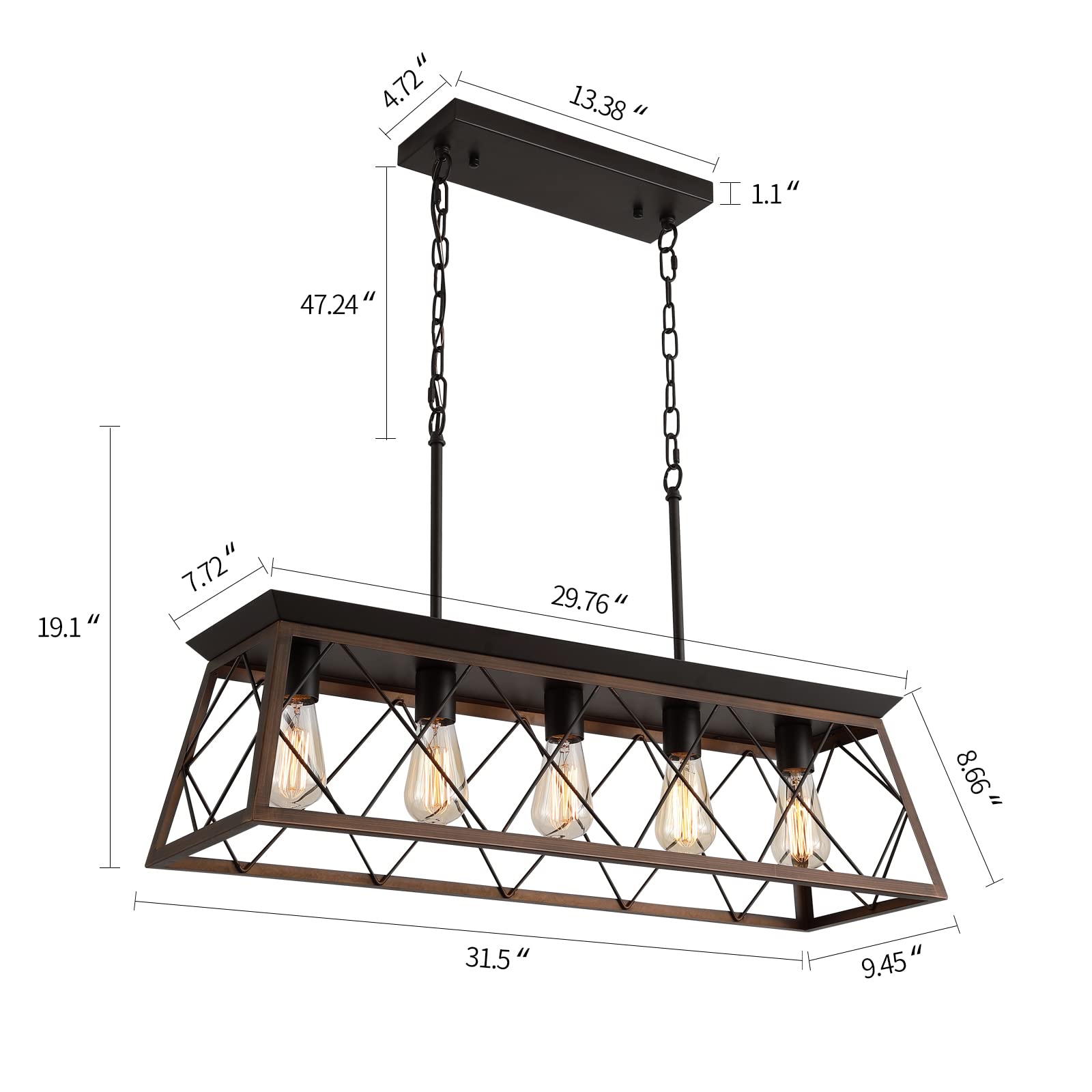 Q&S Farmhouse Rustic Chandelier - 5 Lights Linear Pendant Light Fixture, Bronze, Metal, Model P2006-5BR for Dining Room, Kitchen, Living Room
