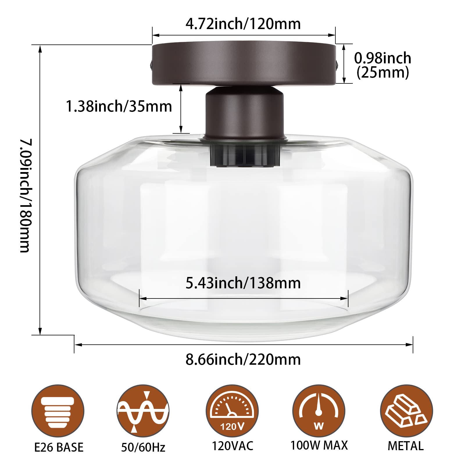 Maxvolador Industrial Semi Flush Mount Ceiling Light Brown, Clear Glass Pendant Lamp Shade, Farmhouse Lighting For Hallway, Hang