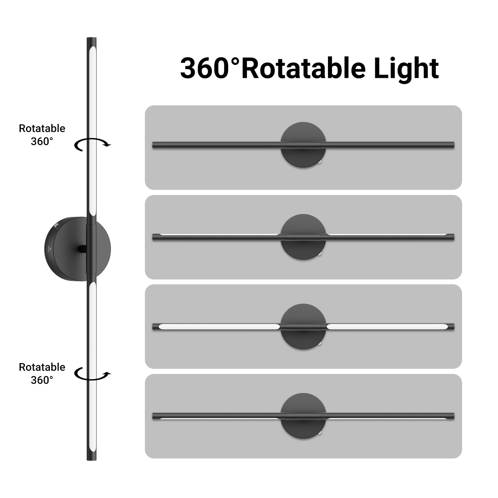 Tipace Battery Operated Wall Sconce Set of 2, 3000K-6000K LED, 28 Inch, Black, Model GW9825, 350° Rotate