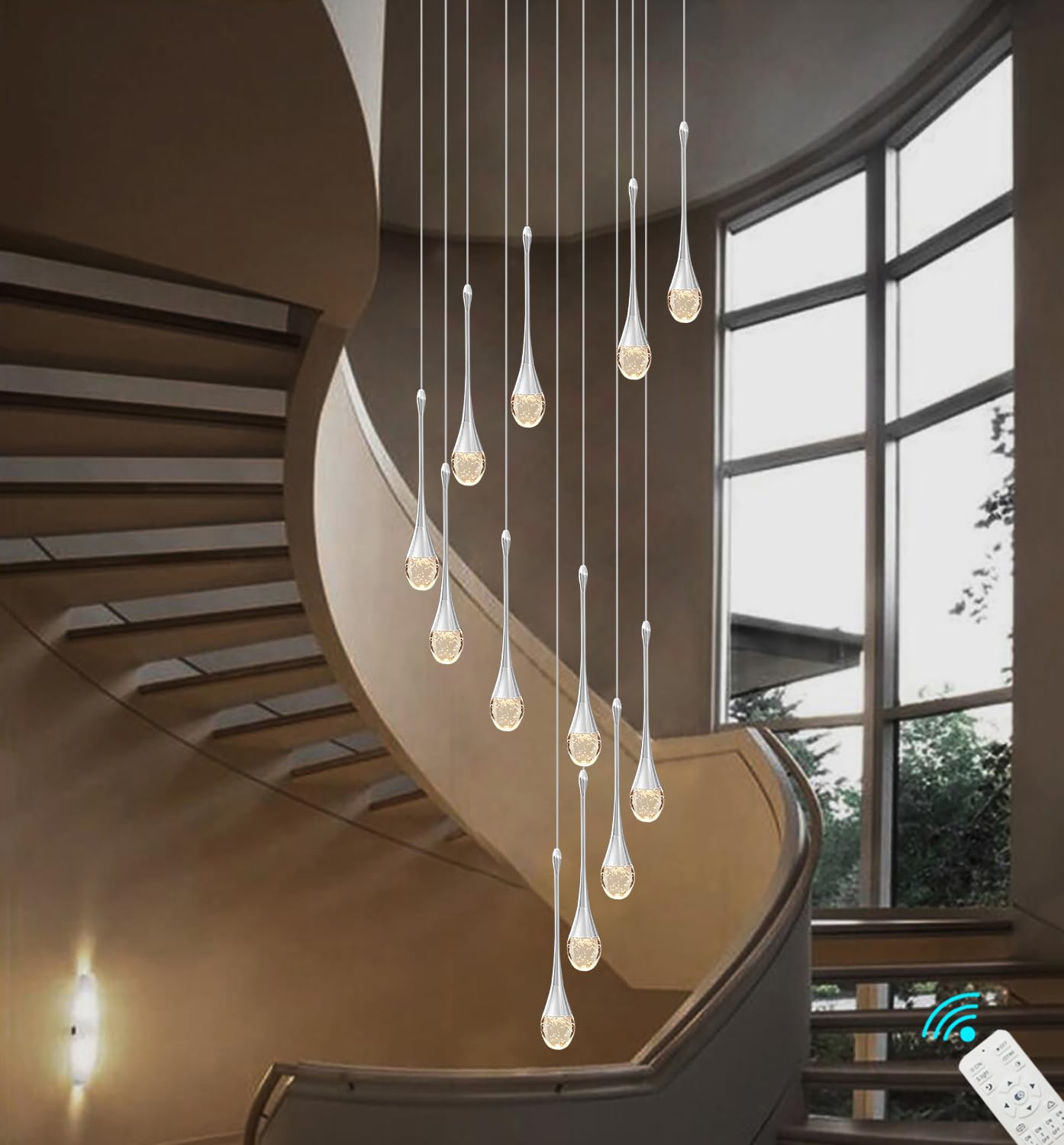 ykolupty Crystal Raindrop Chandelier, 12 Lights, Silver, Model TP0038-12Y, LED Dimmable Lighting for High Ceilings
