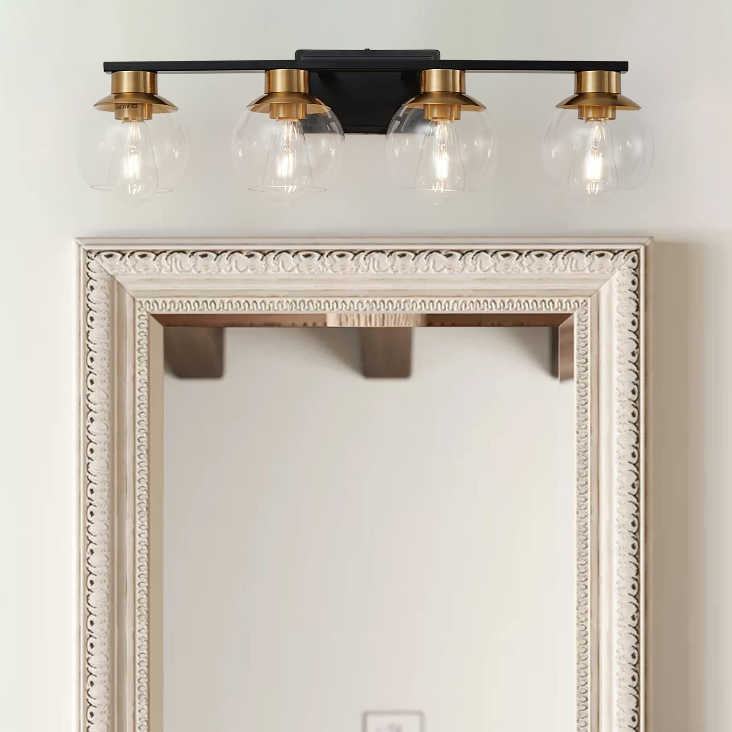 Pazala Black Gold 4-Light Bathroom Vanity Light Sconce With Globe Glass Shade, E26 Base