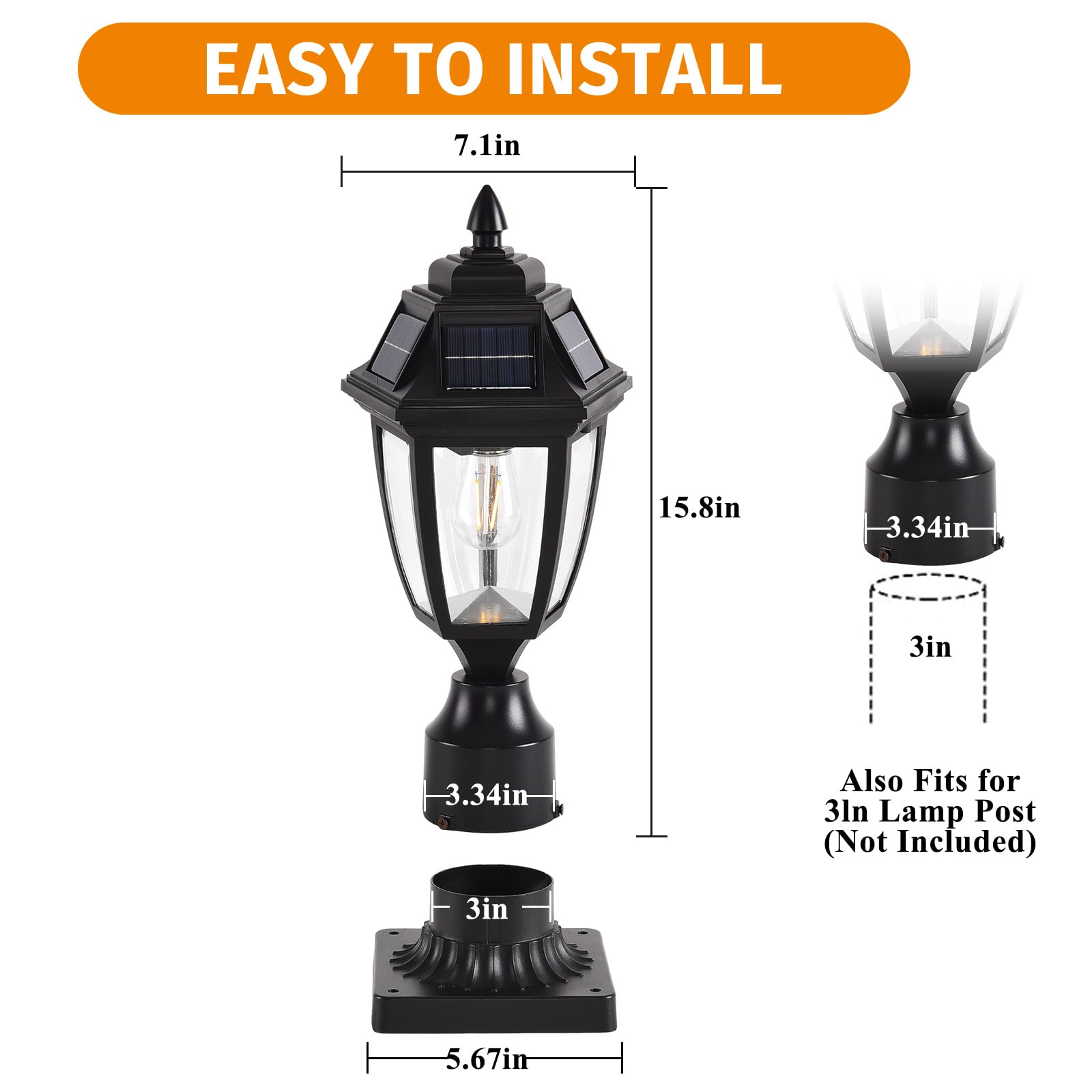 Teblampue Solar Outdoor Post Lights 2 Pack, Dusk To Dawn Outdoor Column Light With Pier Mount Base, Black Exterior Solar Powered